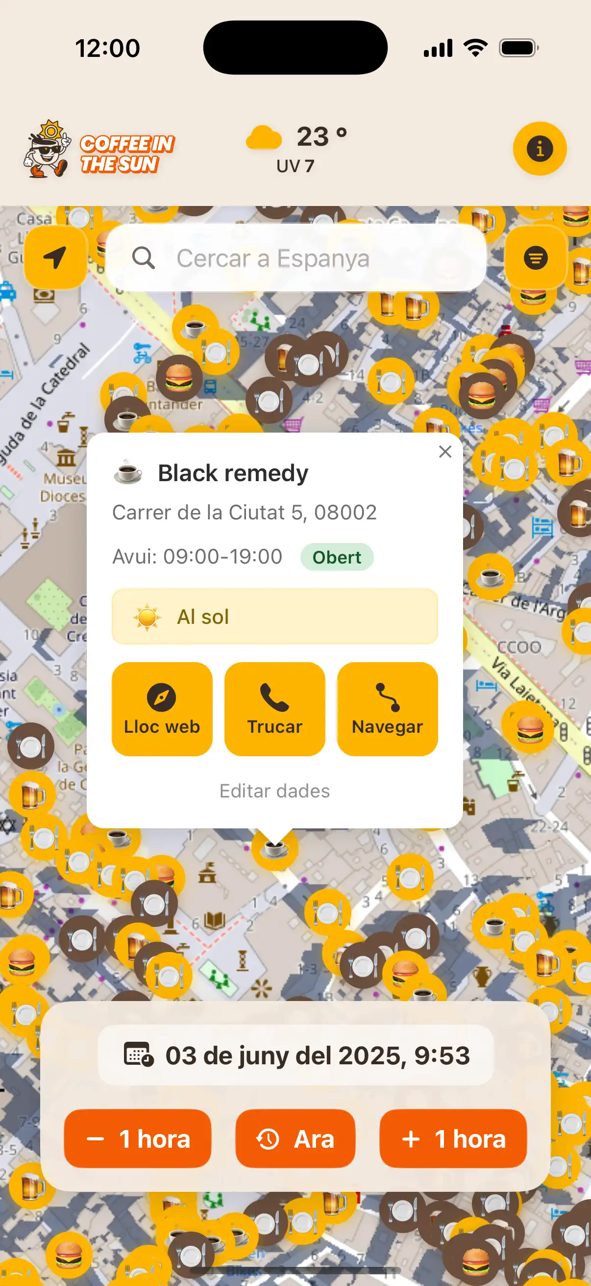 Coffee in the Sun app main map view showing restaurants and cafes with sun and shadow indicators
