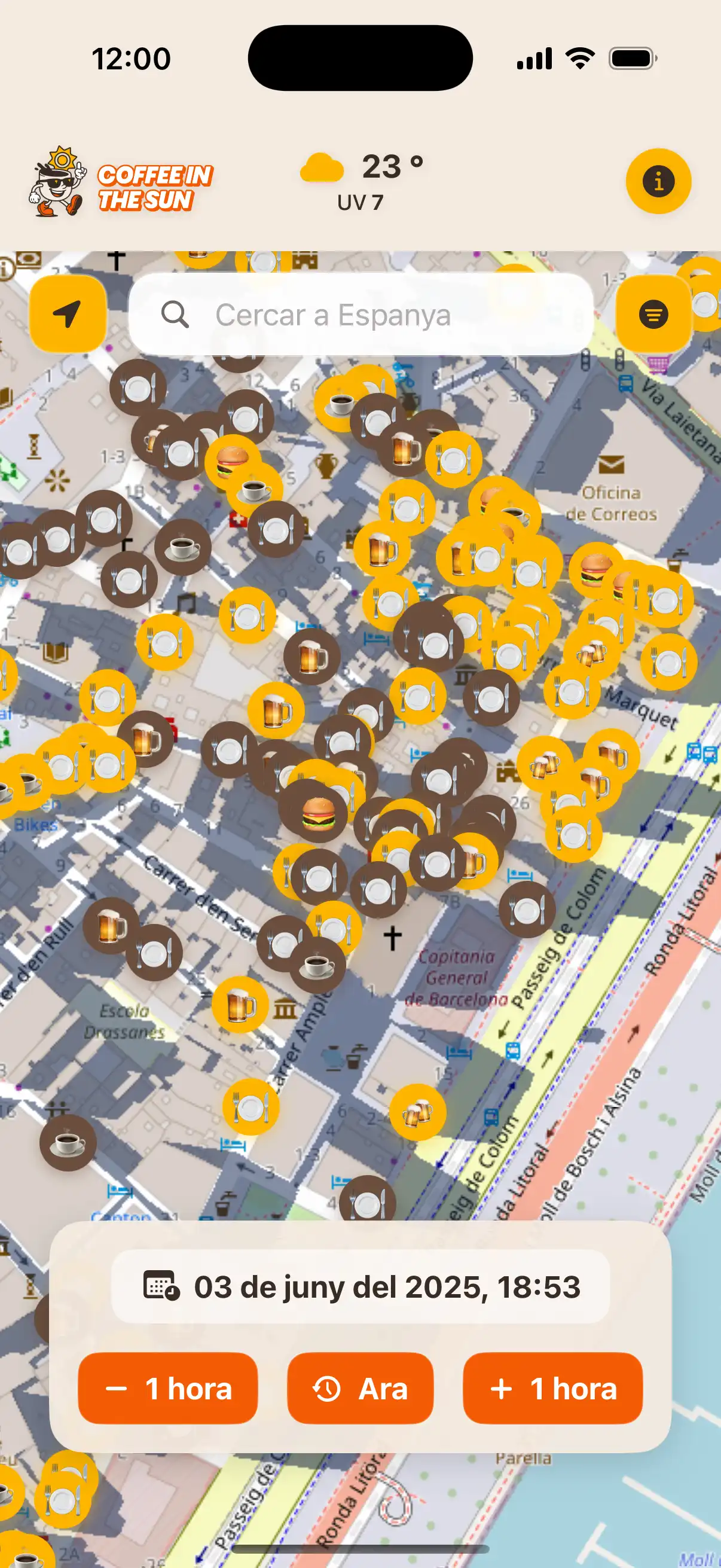 App location details screen showing restaurant information, address, and real-time sun exposure status