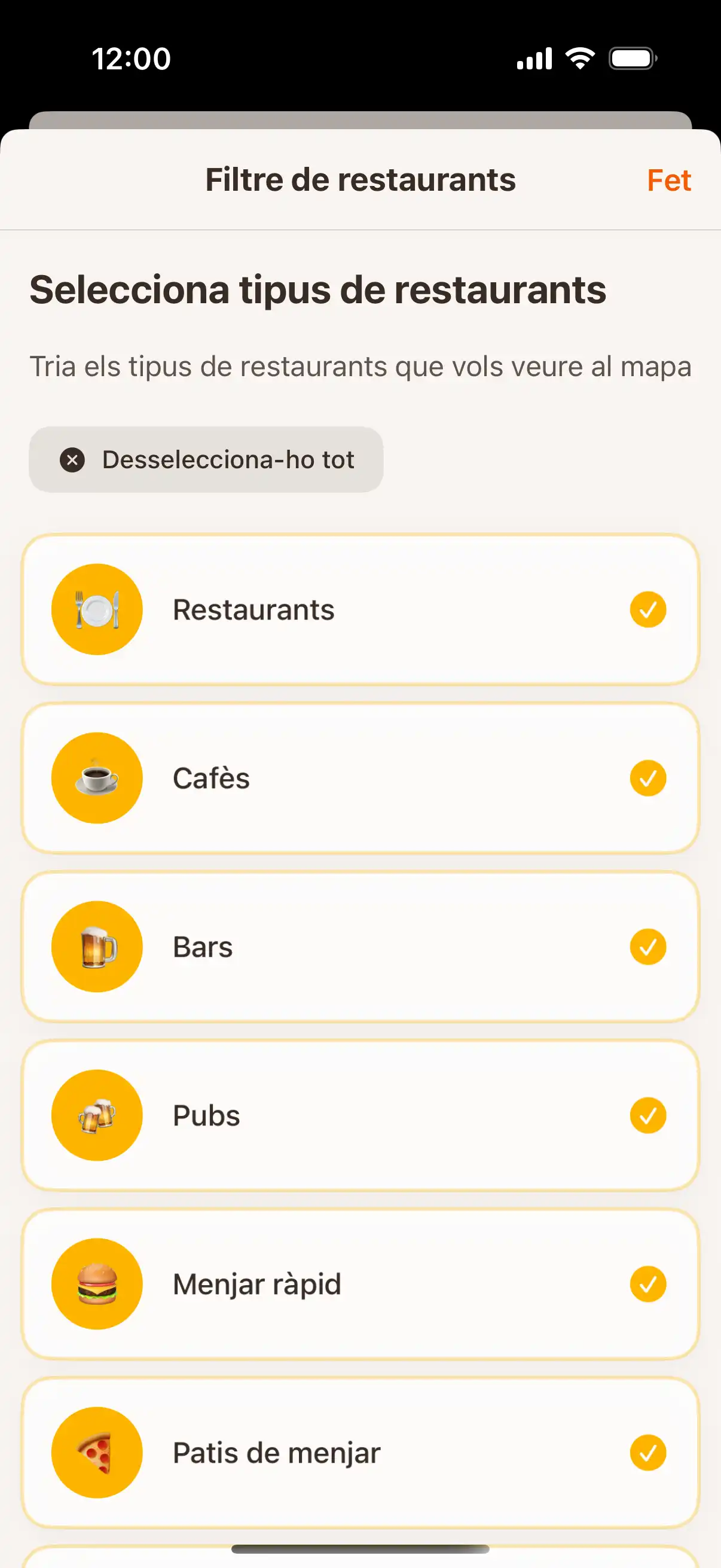 App filter screen showing different types of establishments - restaurants, cafes, bars, and ice cream parlors with selection options