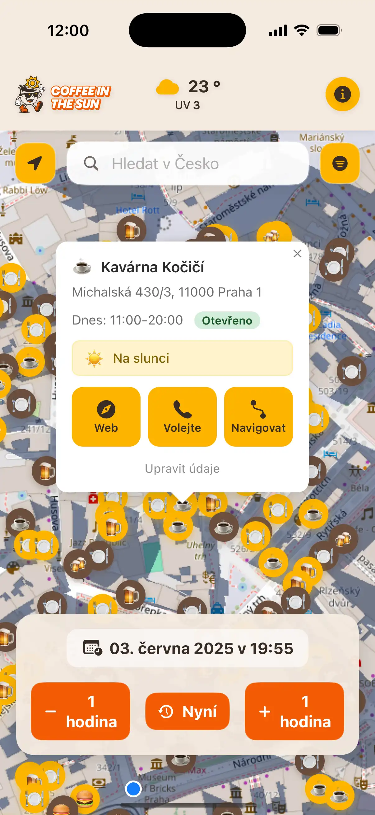 Coffee in the Sun app main map view showing restaurants and cafes with sun and shadow indicators