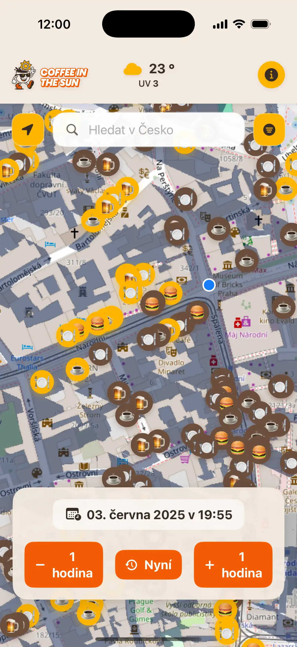 App location details screen showing restaurant information, address, and real-time sun exposure status