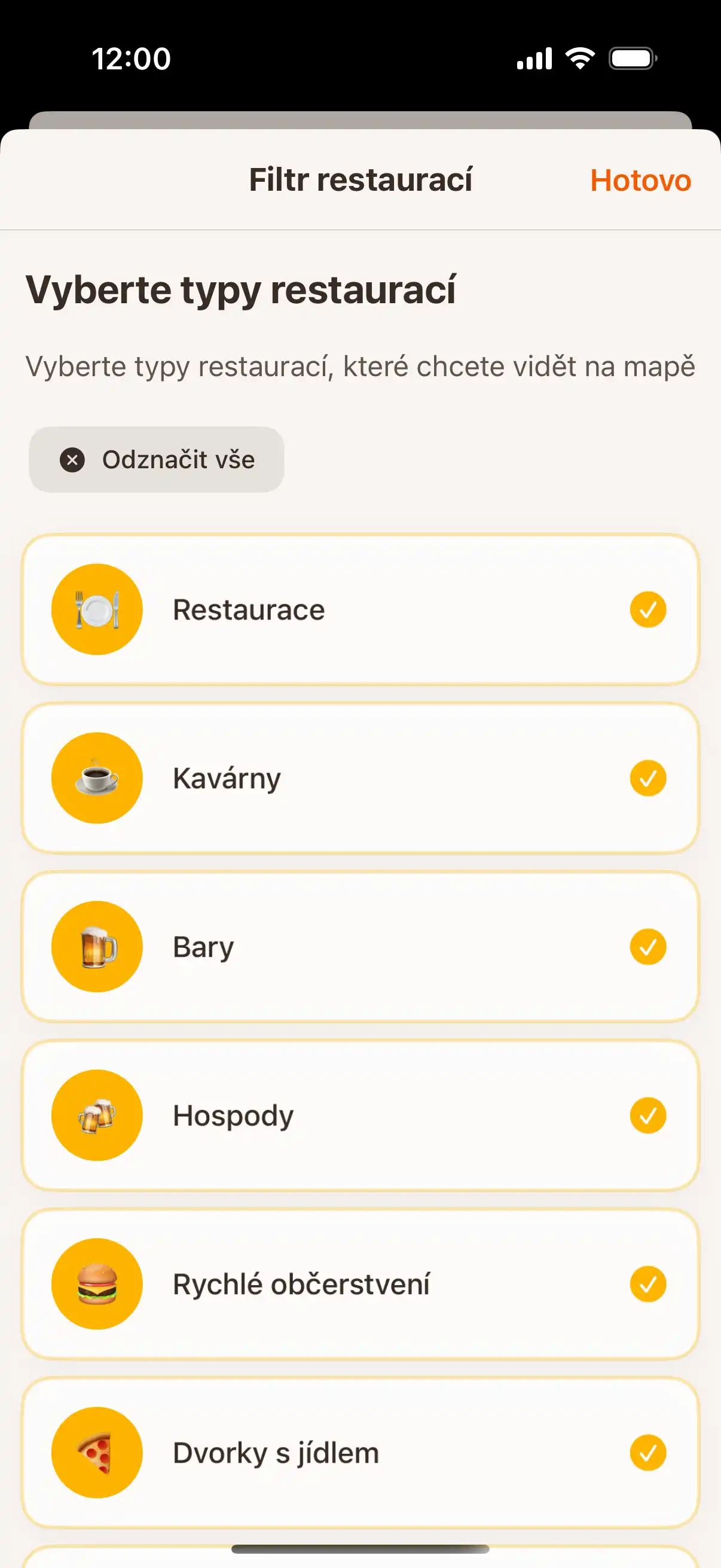 App filter screen showing different types of establishments - restaurants, cafes, bars, and ice cream parlors with selection options