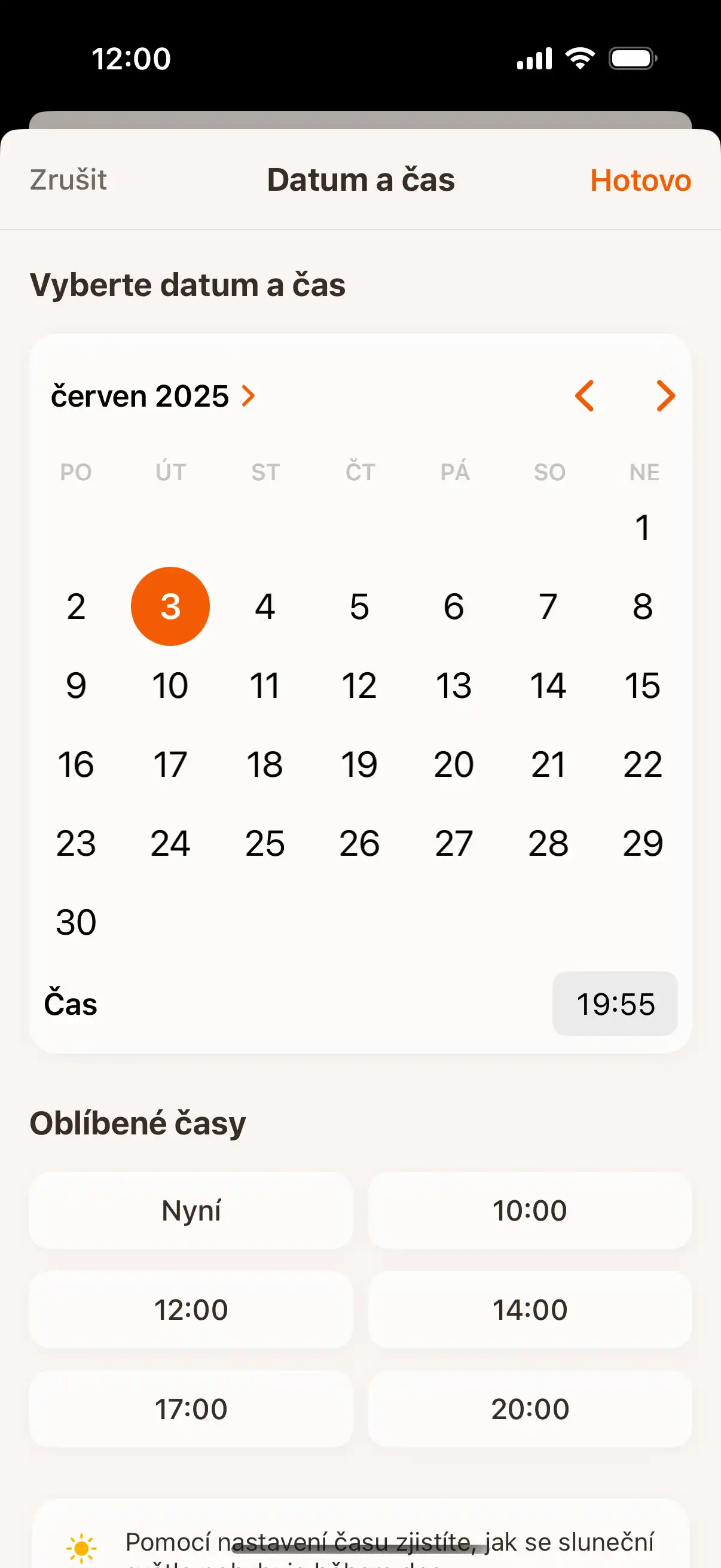 Time travel interface showing date and time picker to check sun position at future or past moments