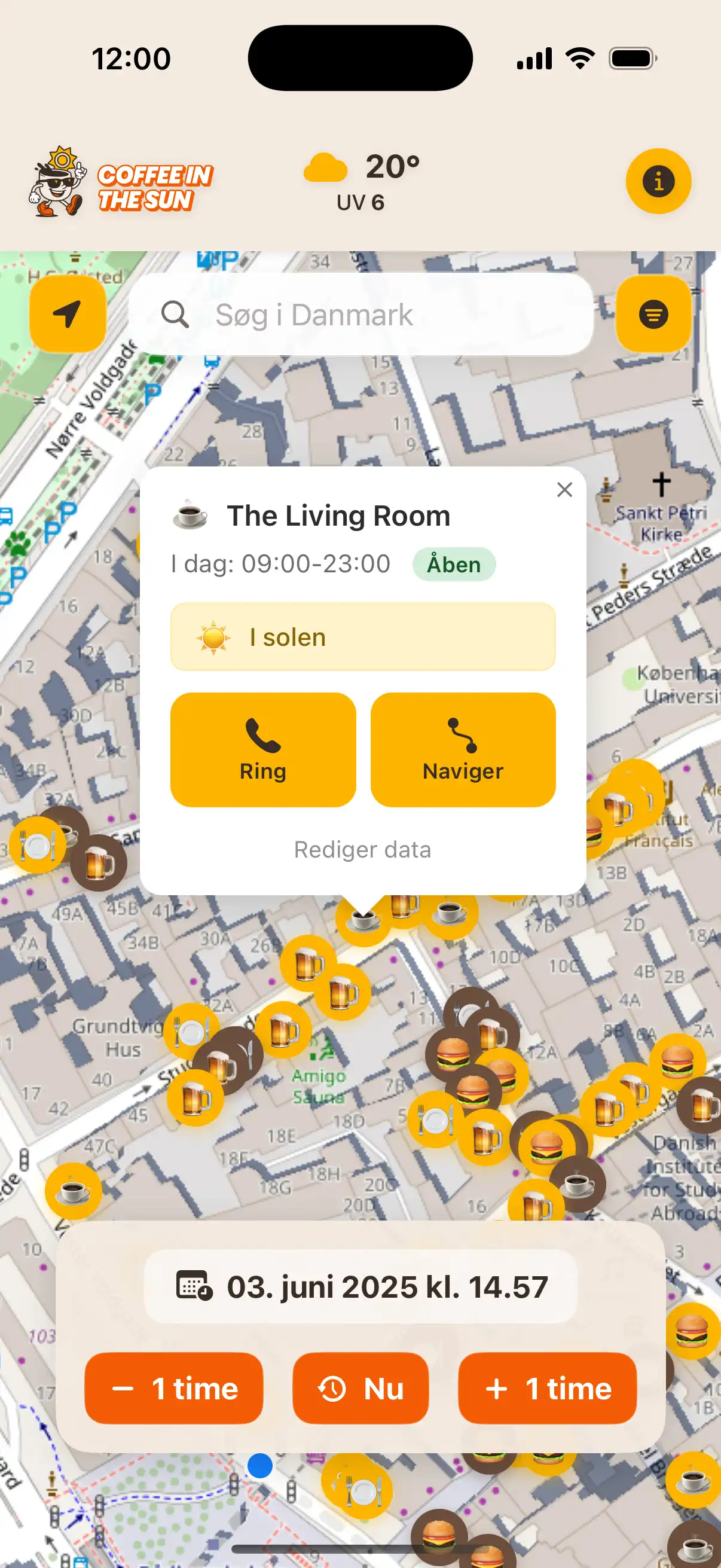 Coffee in the Sun app main map view showing restaurants and cafes with sun and shadow indicators