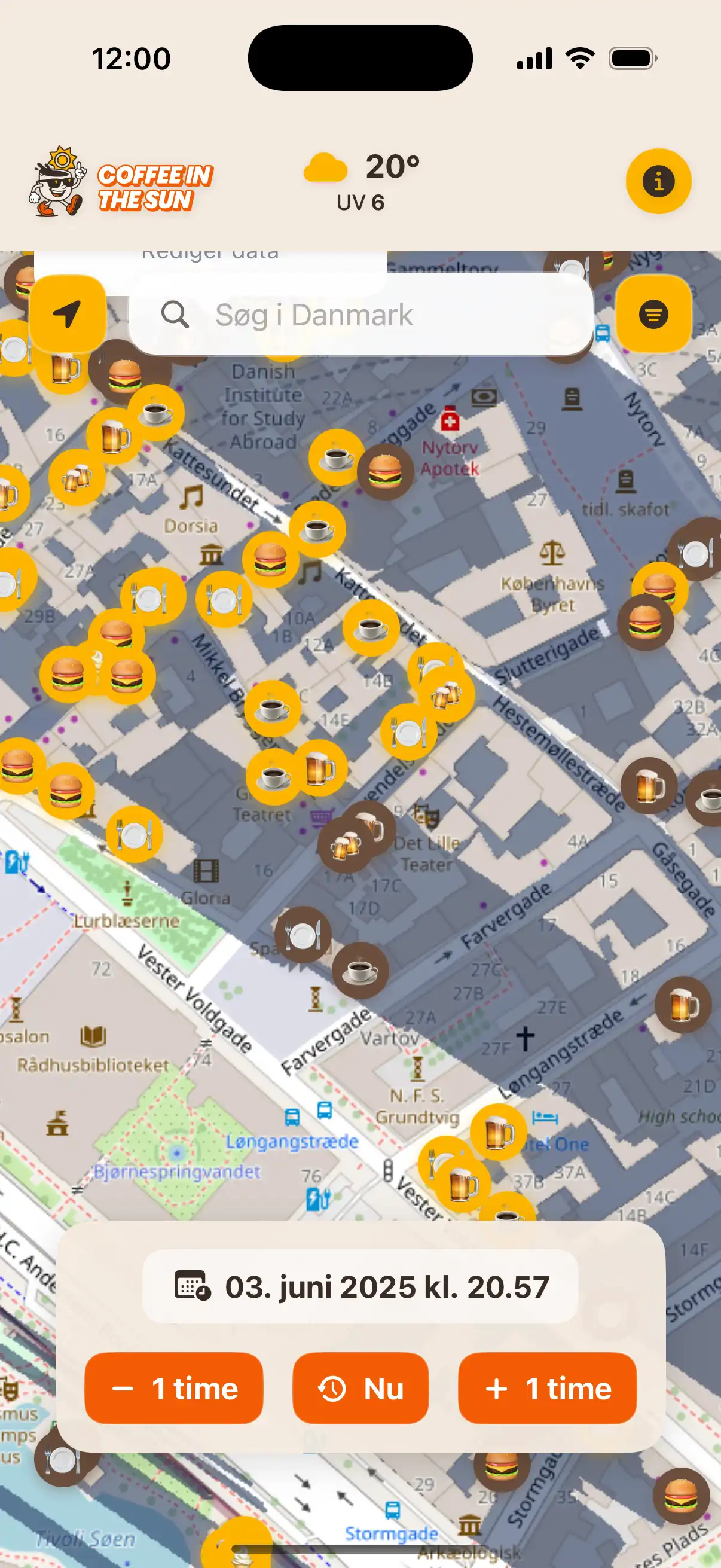 App location details screen showing restaurant information, address, and real-time sun exposure status