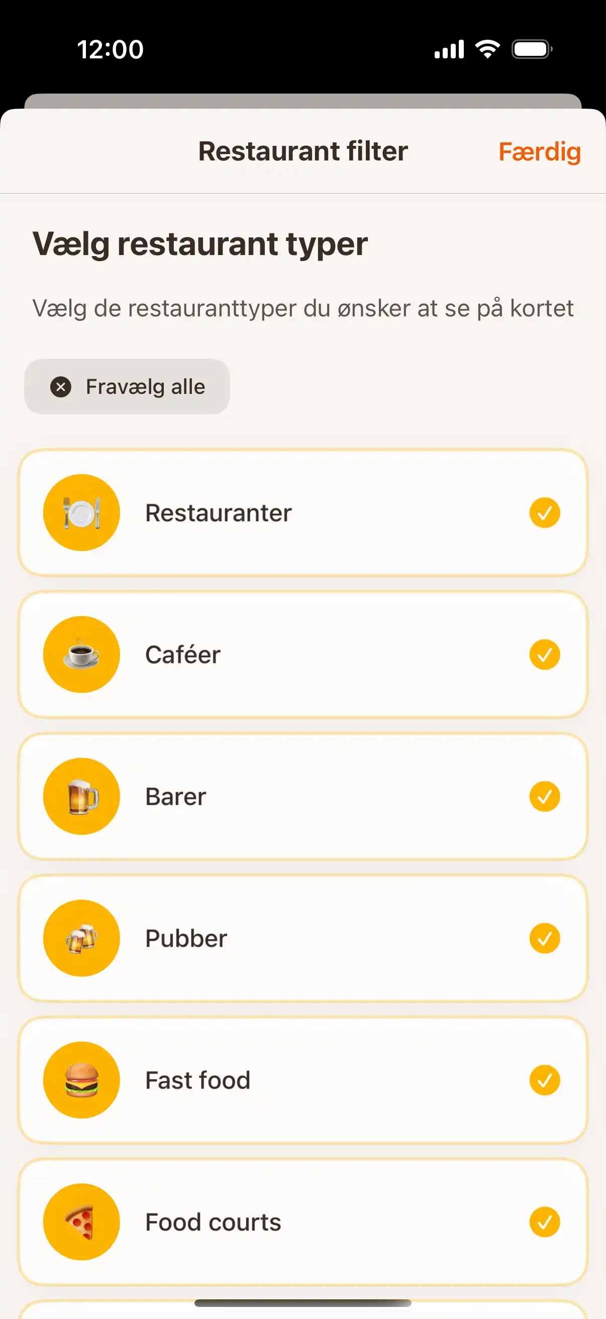 App filter screen showing different types of establishments - restaurants, cafes, bars, and ice cream parlors with selection options