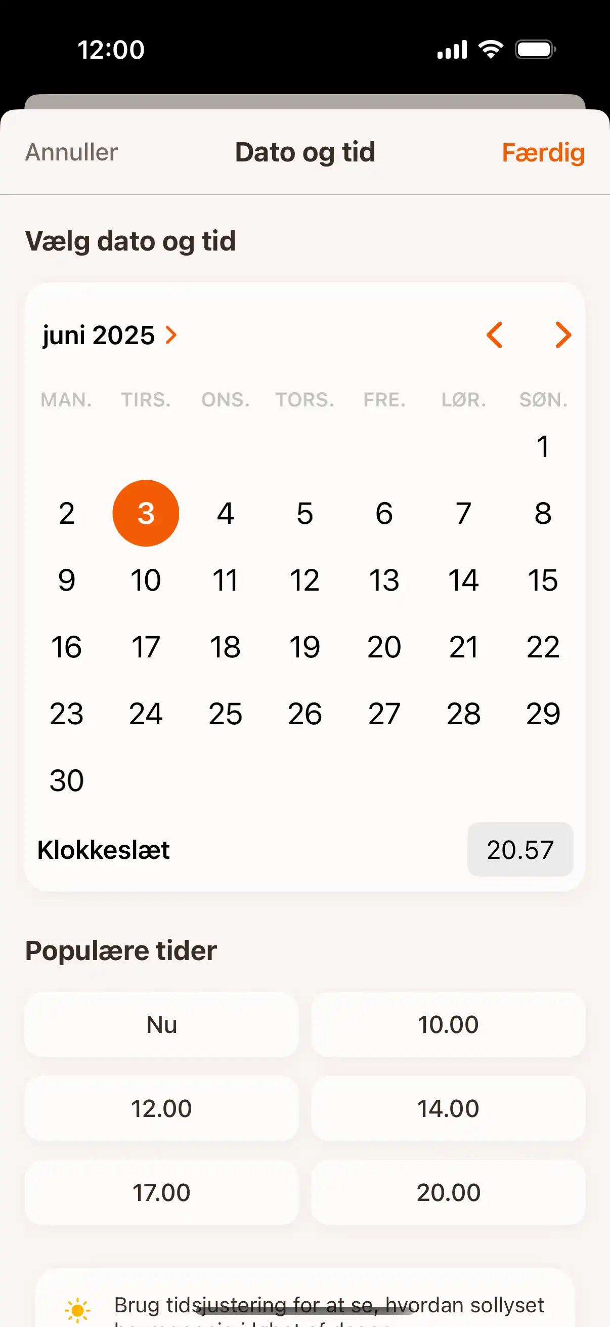 Time travel interface showing date and time picker to check sun position at future or past moments