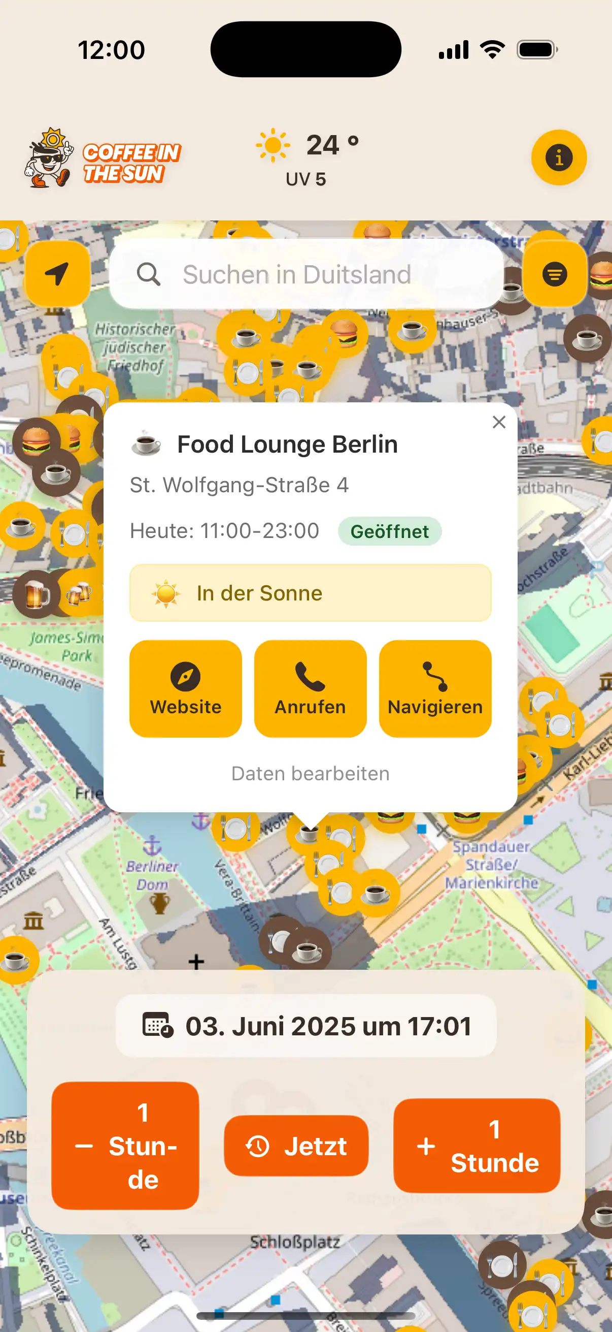 Coffee in the Sun app main map view showing restaurants and cafes with sun and shadow indicators