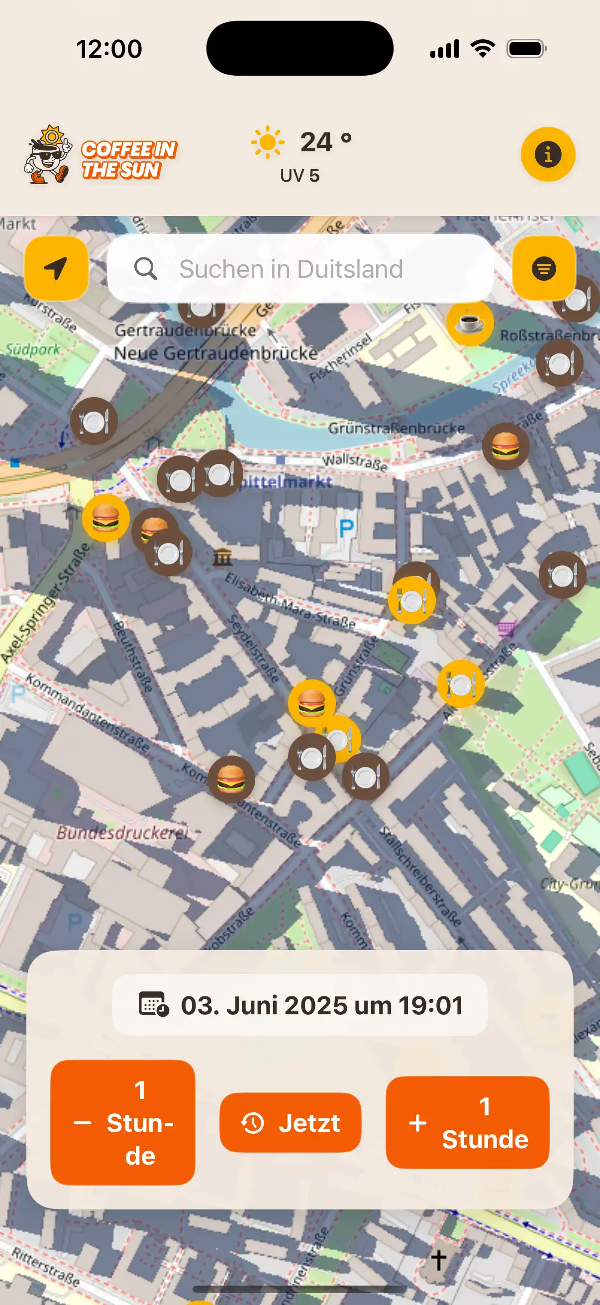App location details screen showing restaurant information, address, and real-time sun exposure status