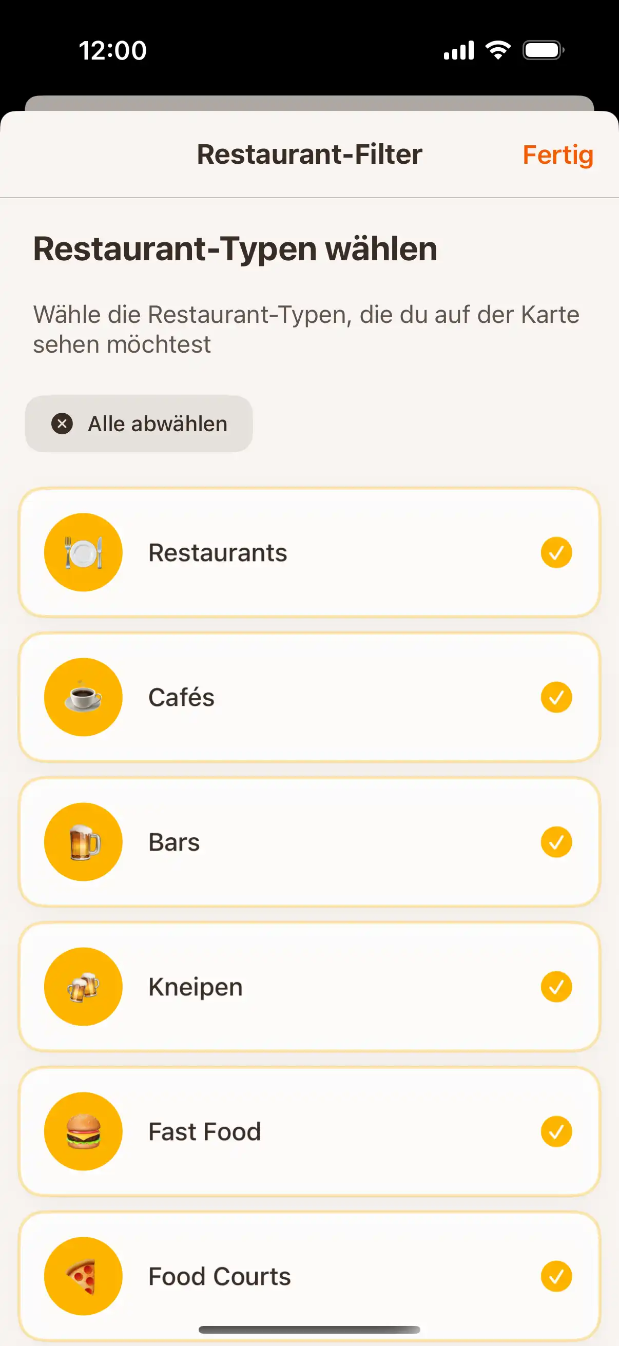 App filter screen showing different types of establishments - restaurants, cafes, bars, and ice cream parlors with selection options