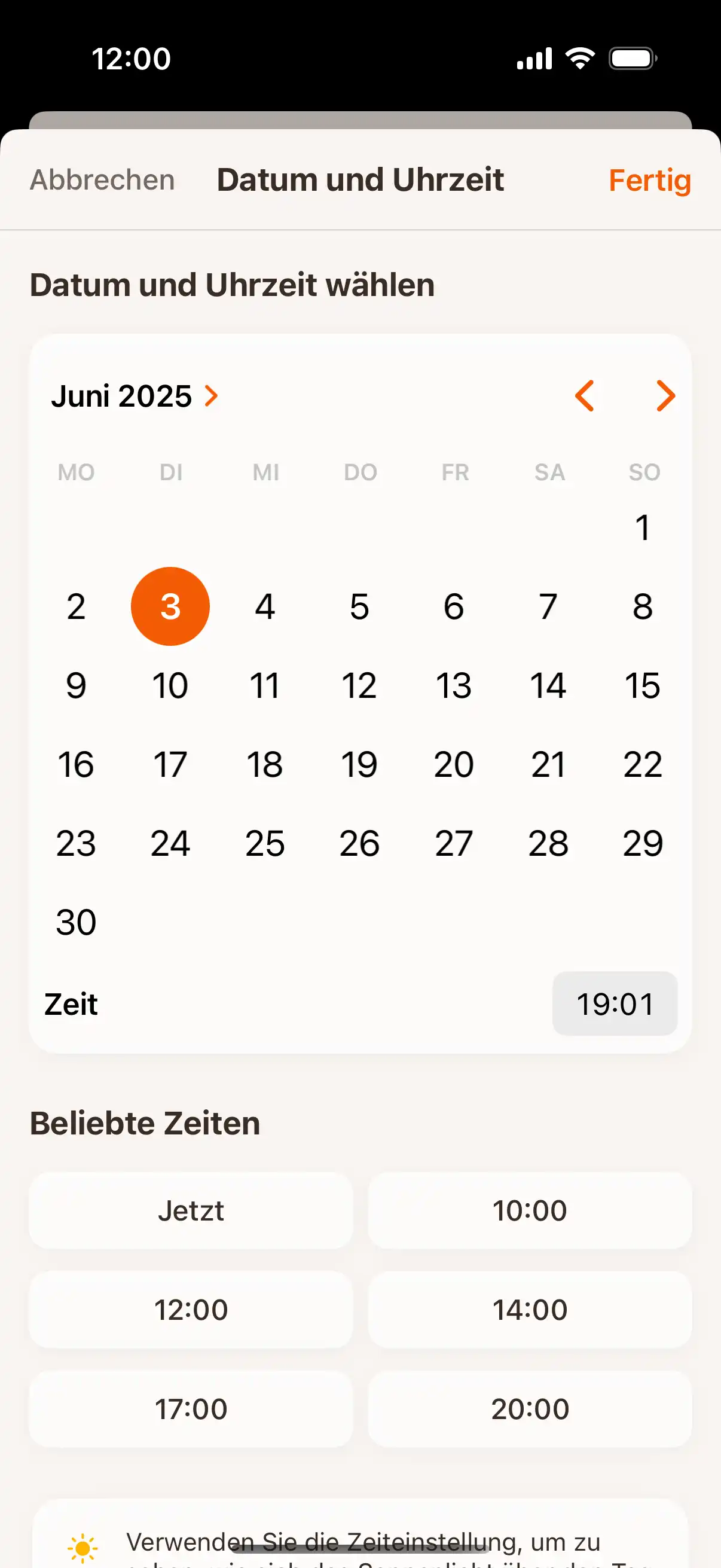 Time travel interface showing date and time picker to check sun position at future or past moments