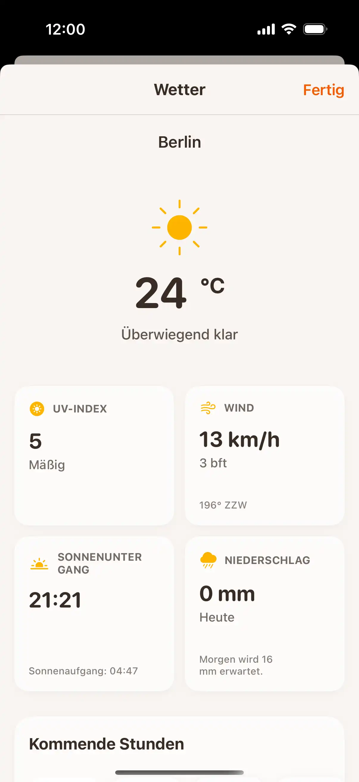 Weather forecast screen showing detailed hourly and daily weather predictions with temperature and precipitation data