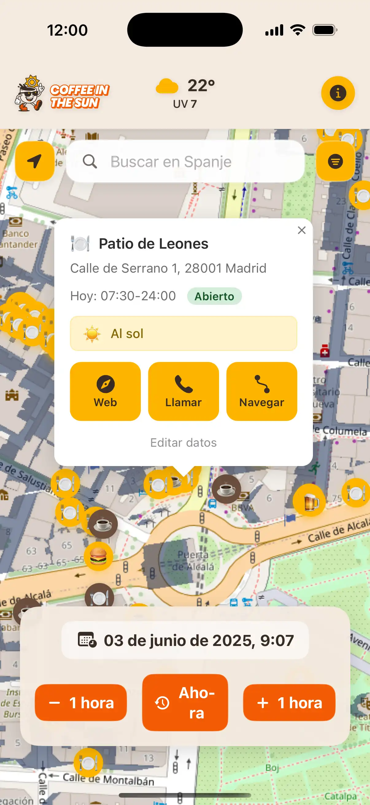 Coffee in the Sun app main map view showing restaurants and cafes with sun and shadow indicators