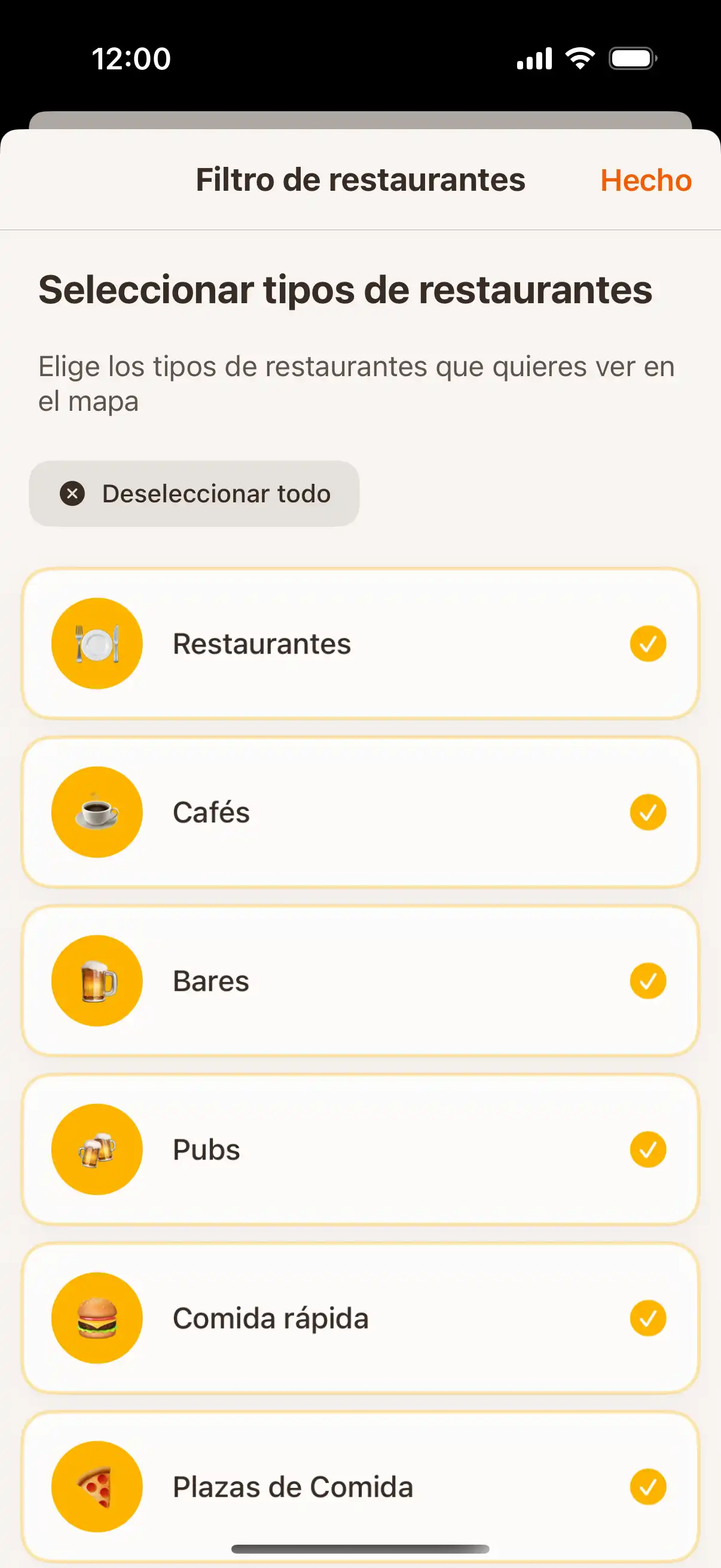 App filter screen showing different types of establishments - restaurants, cafes, bars, and ice cream parlors with selection options