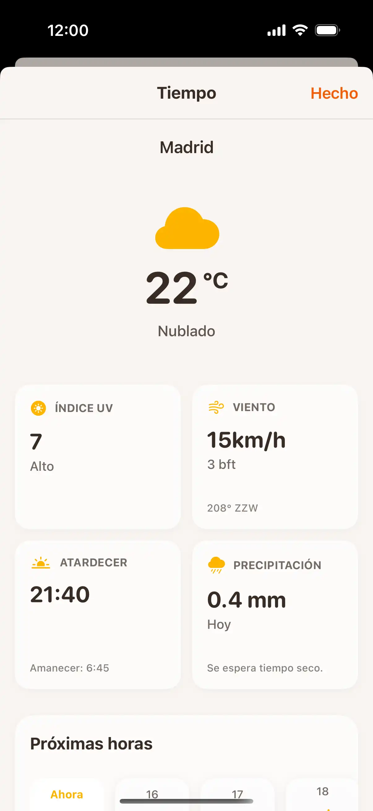 Weather forecast screen showing detailed hourly and daily weather predictions with temperature and precipitation data