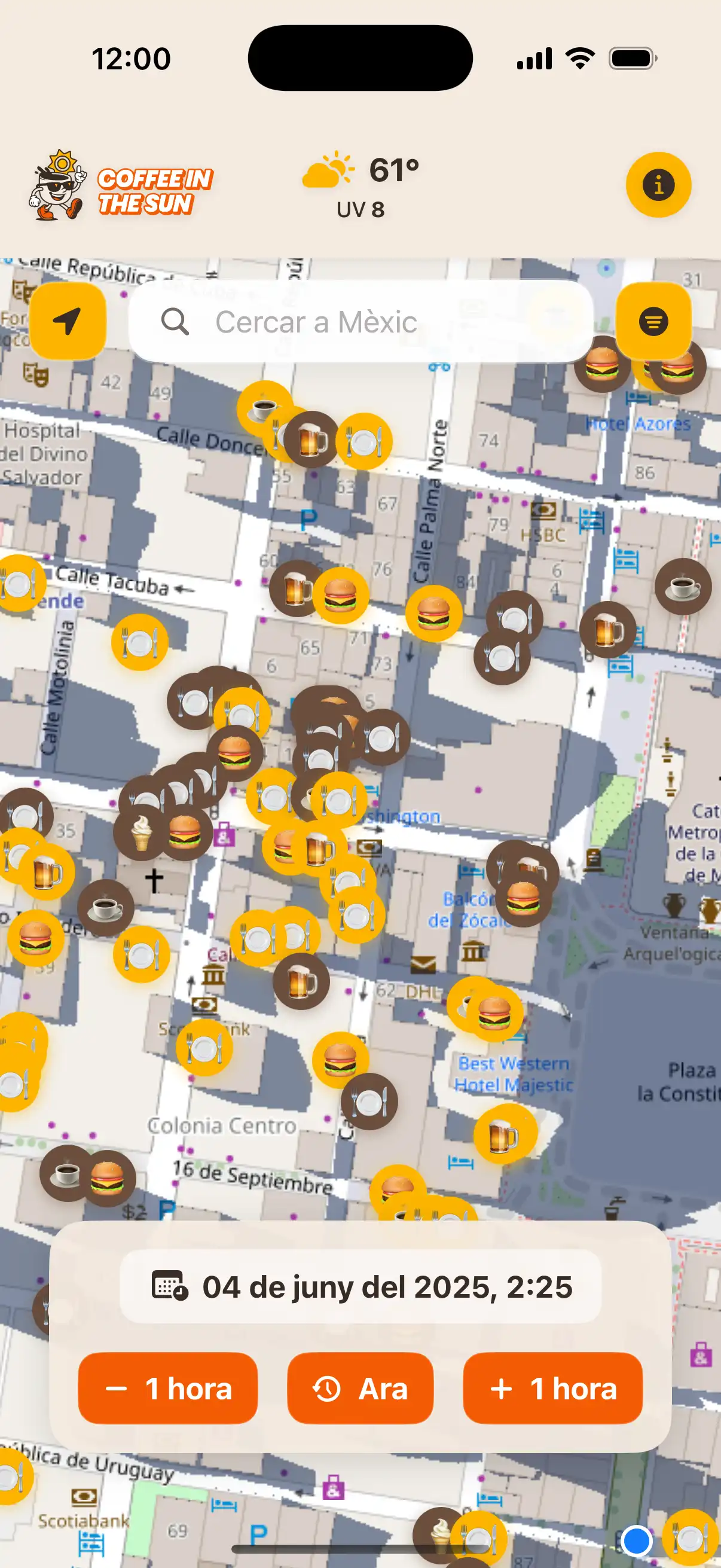App location details screen showing restaurant information, address, and real-time sun exposure status