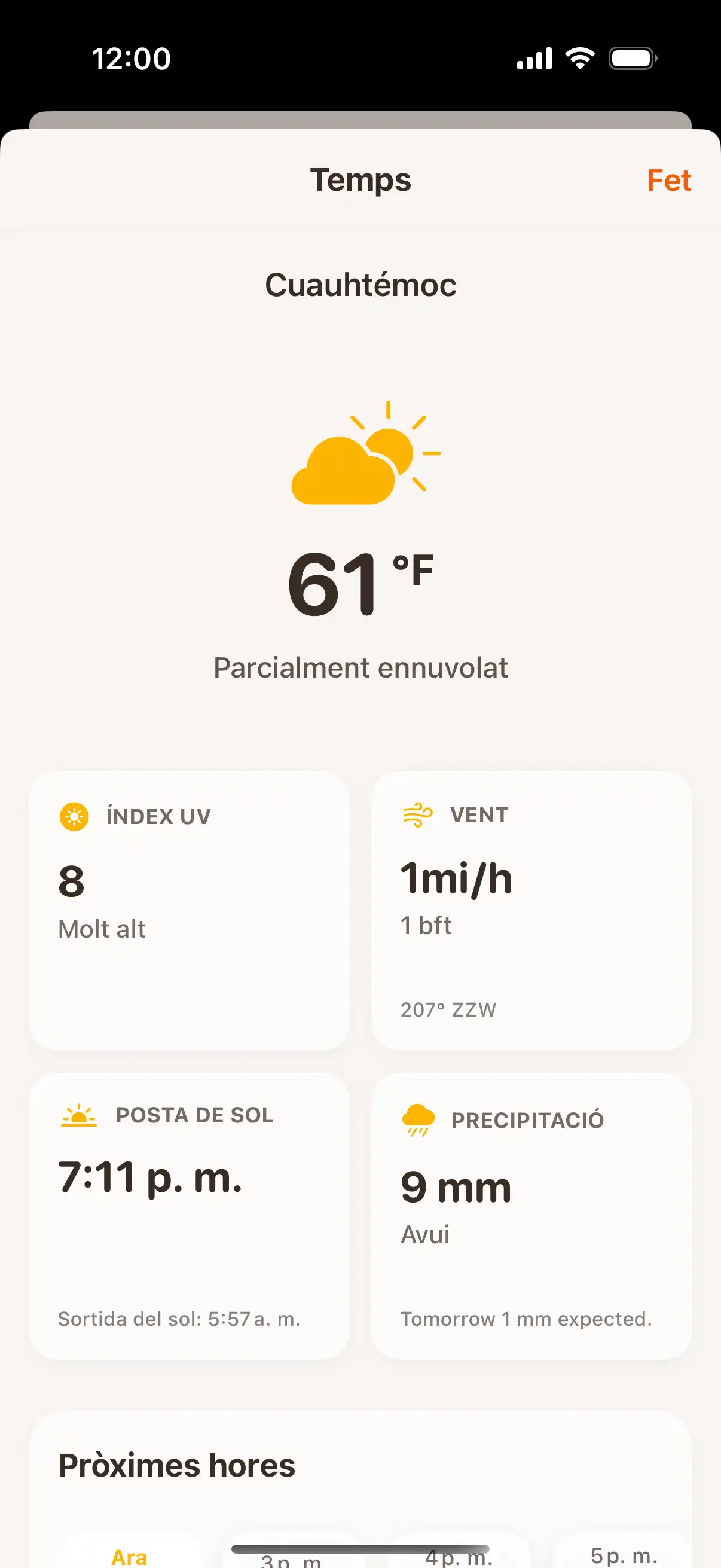 Weather forecast screen showing detailed hourly and daily weather predictions with temperature and precipitation data