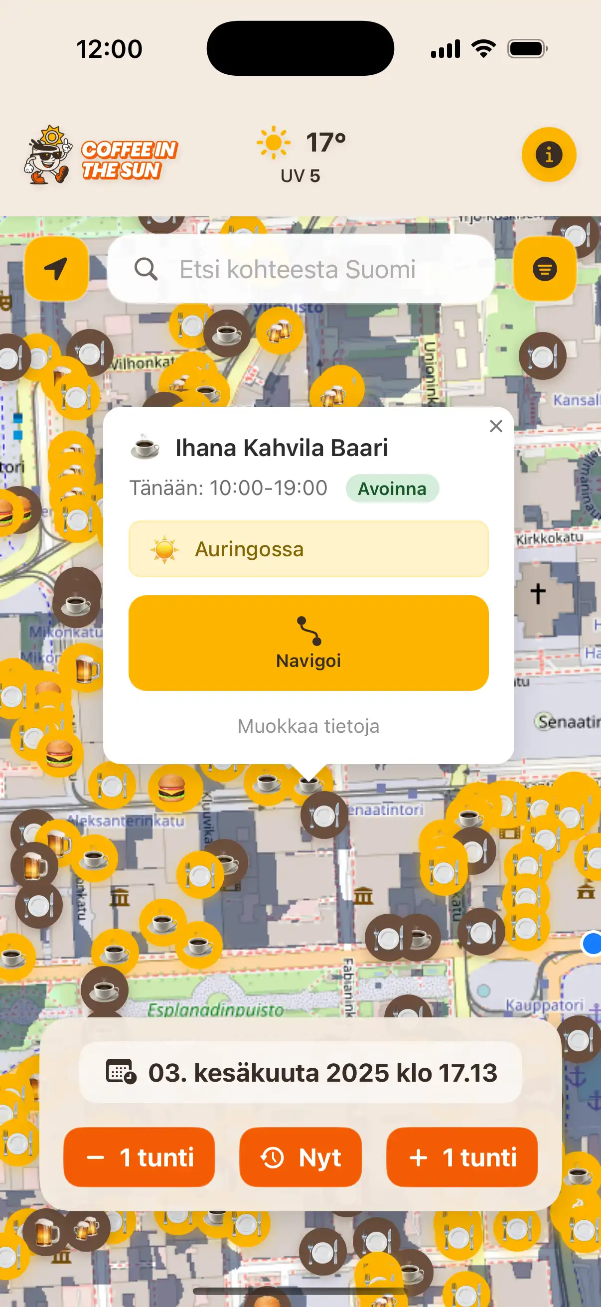 Coffee in the Sun app main map view showing restaurants and cafes with sun and shadow indicators