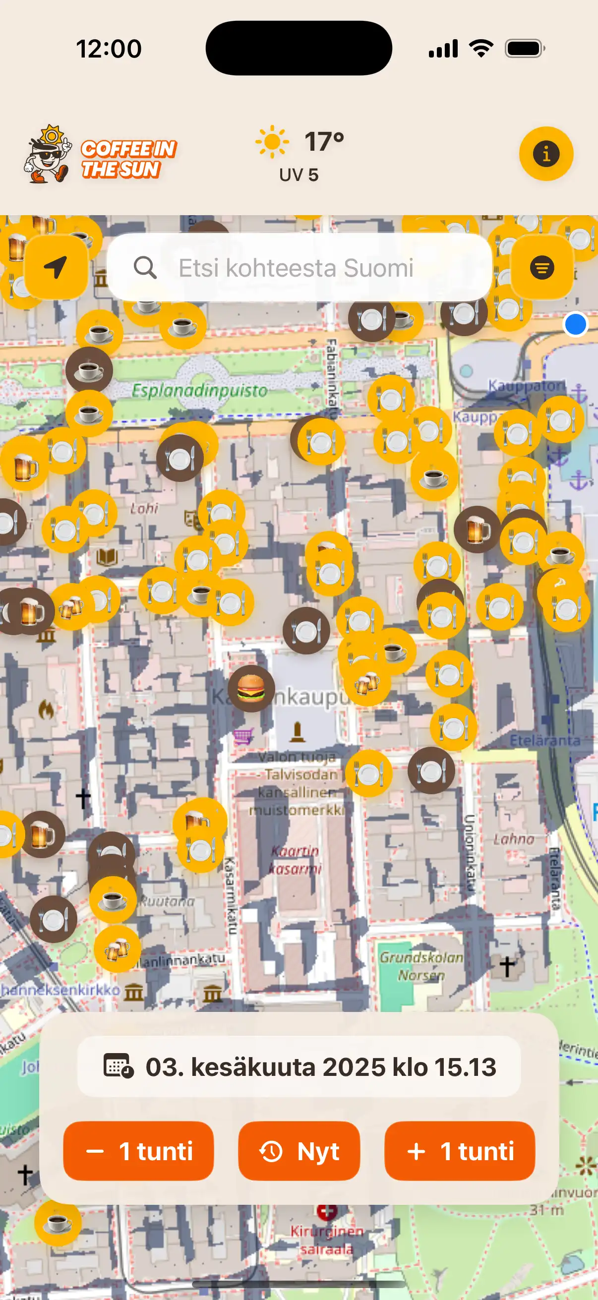 App location details screen showing restaurant information, address, and real-time sun exposure status