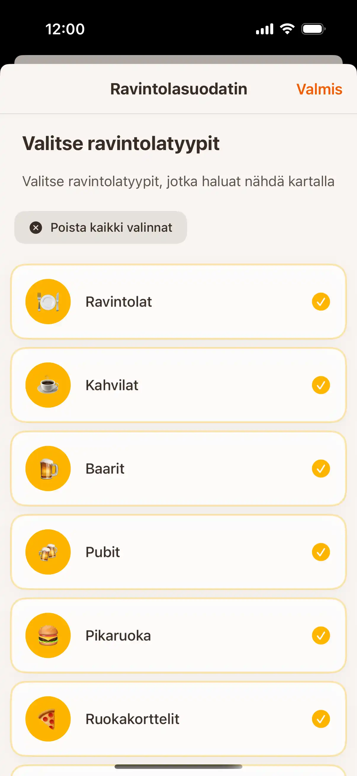 App filter screen showing different types of establishments - restaurants, cafes, bars, and ice cream parlors with selection options