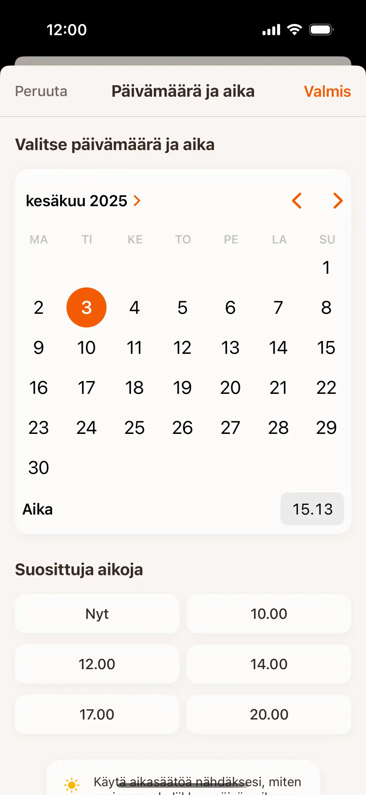 Time travel interface showing date and time picker to check sun position at future or past moments