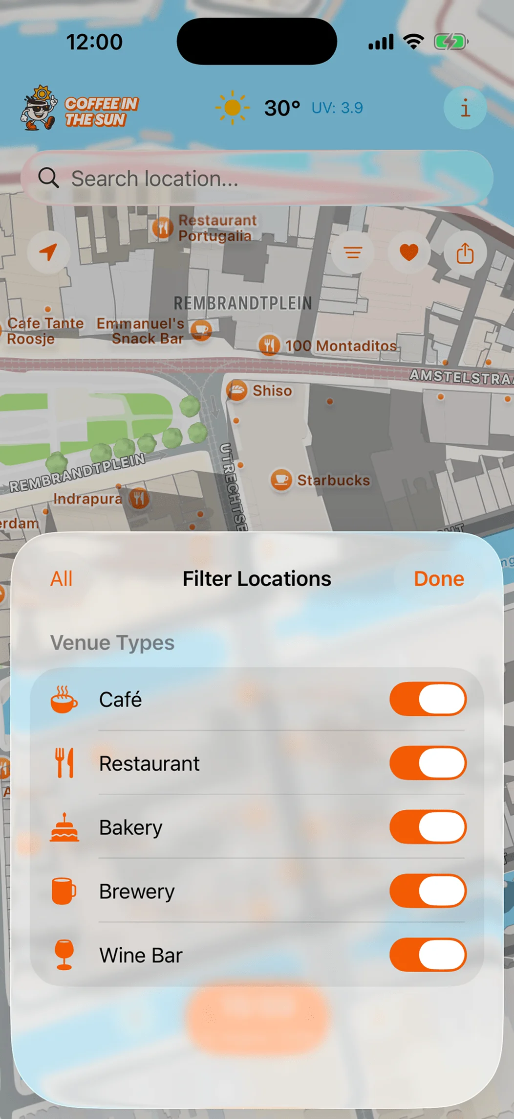 App filter screen showing venue types - cafés, restaurants, bakeries, breweries, and wineries with sun indicators