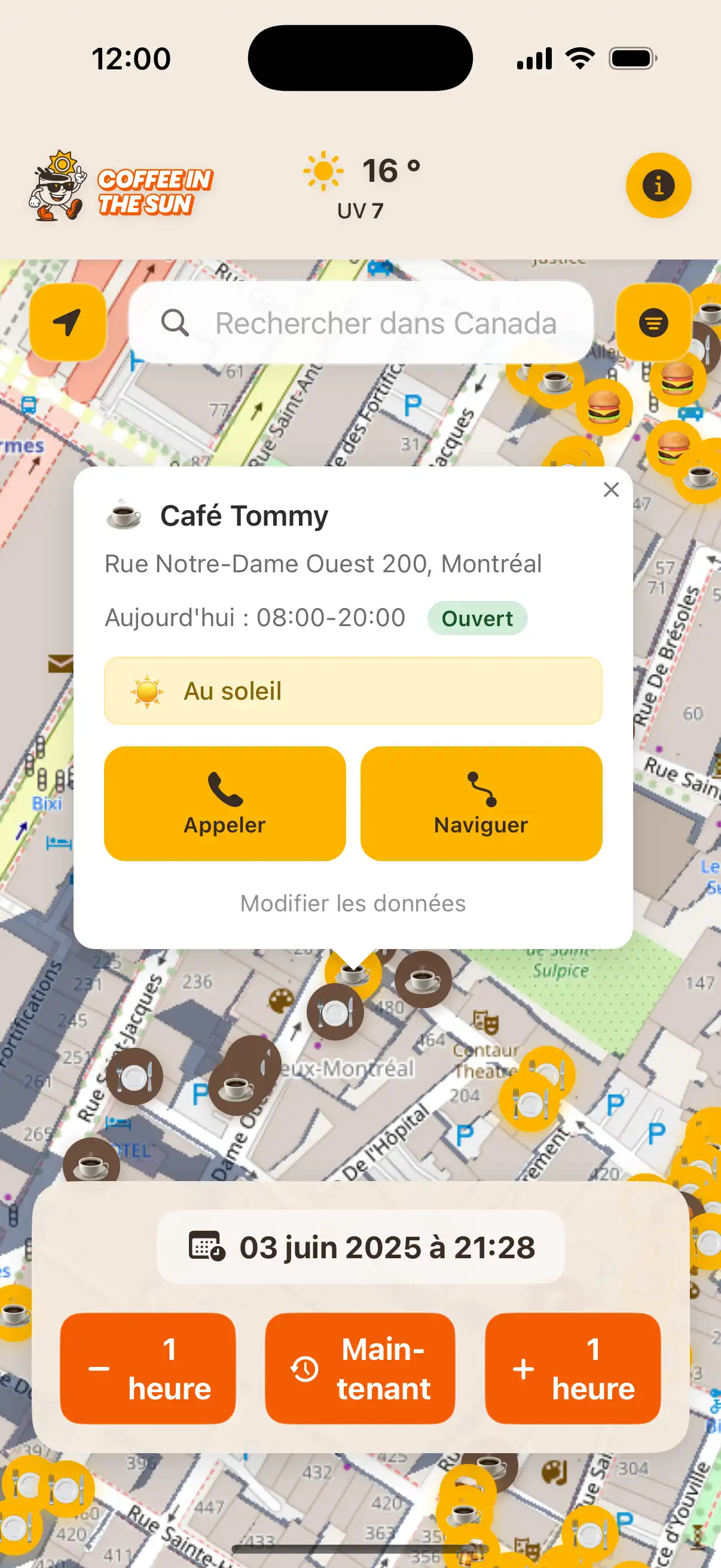 Coffee in the Sun app main map view showing restaurants and cafes with sun and shadow indicators