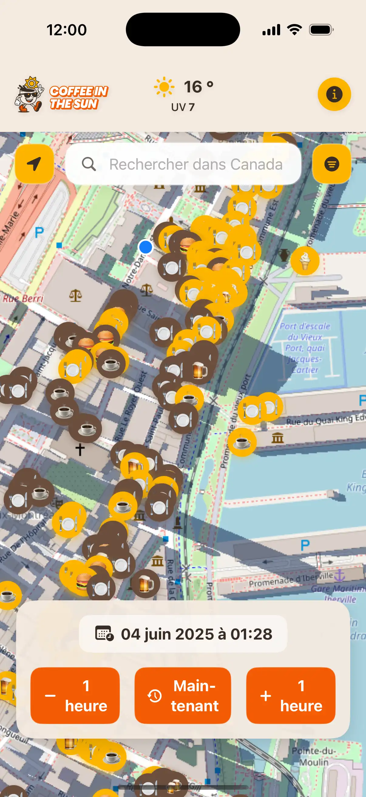 App location details screen showing restaurant information, address, and real-time sun exposure status