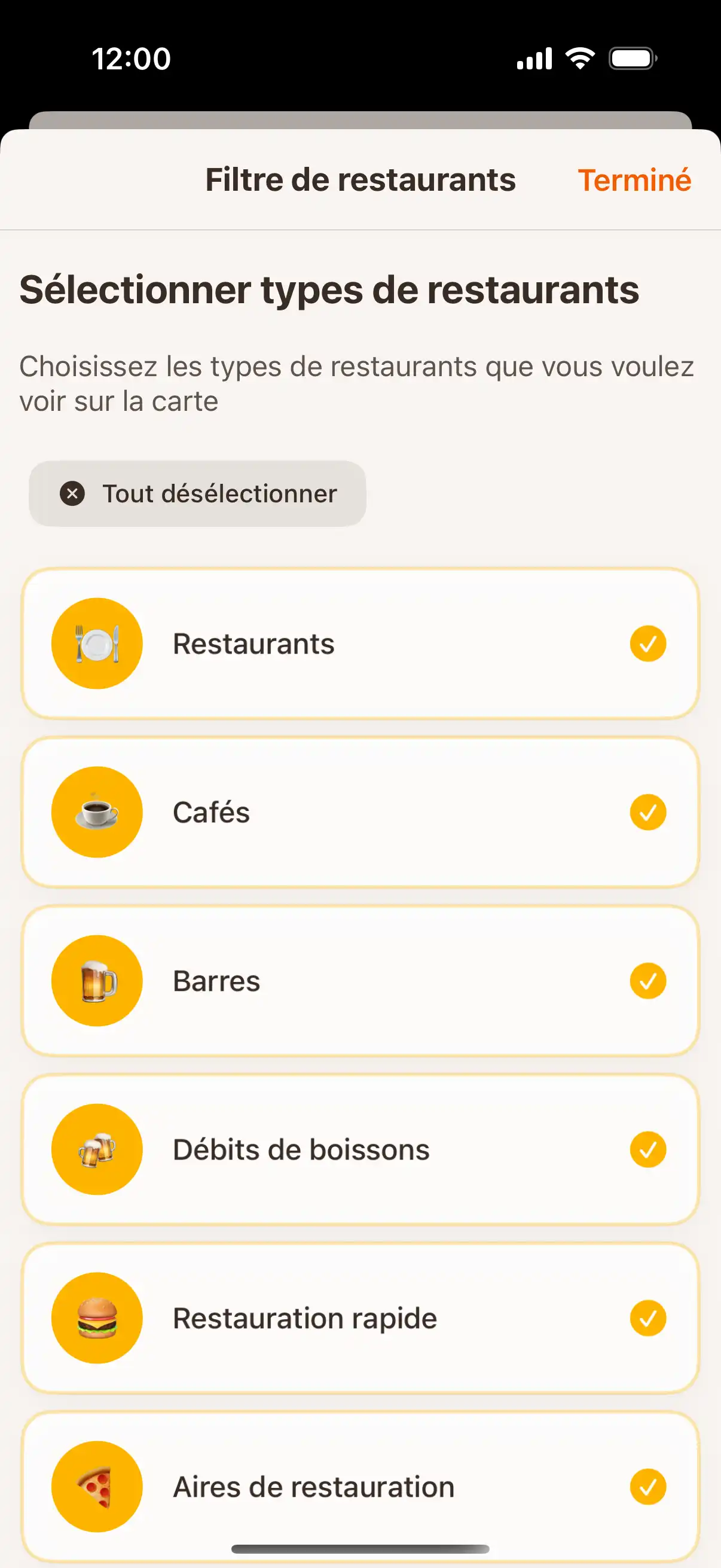 App filter screen showing different types of establishments - restaurants, cafes, bars, and ice cream parlors with selection options