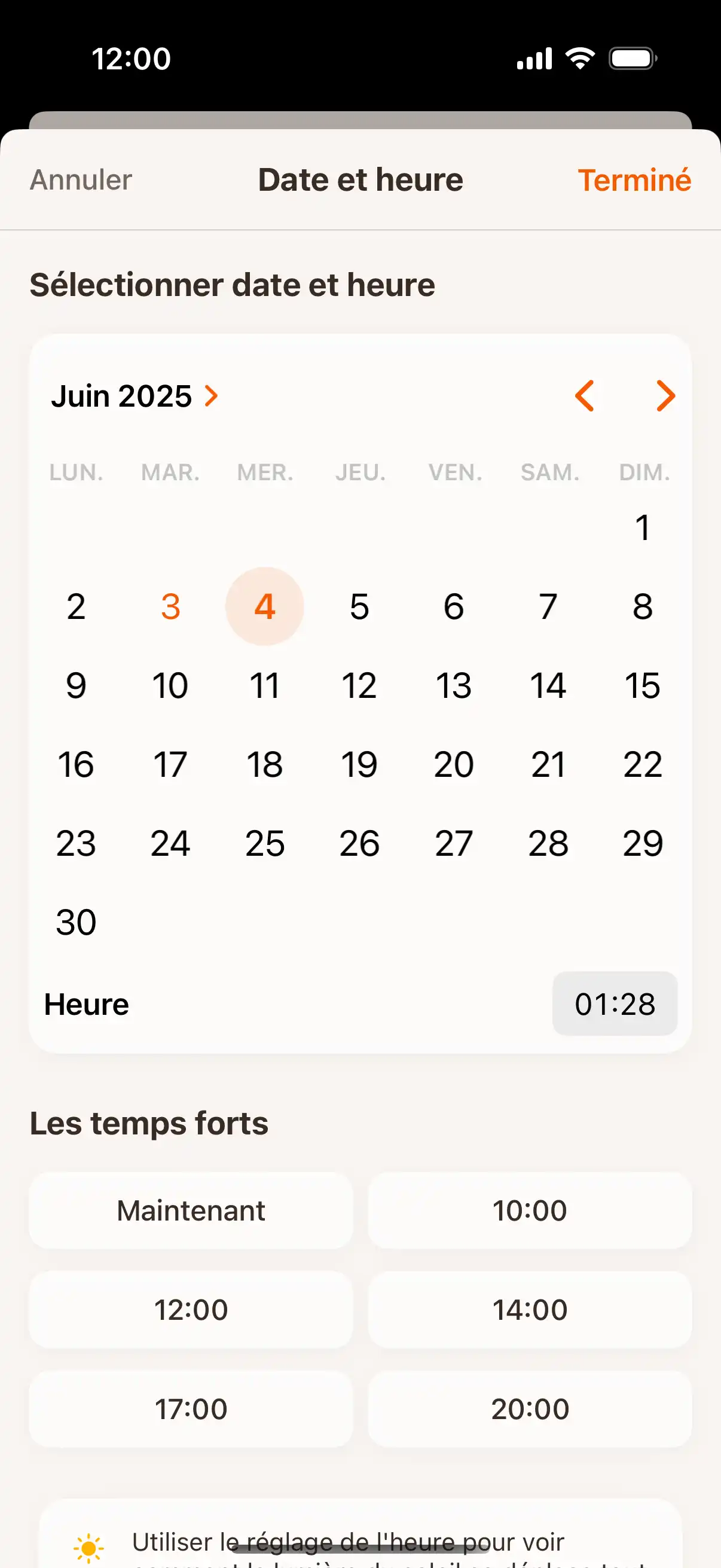 Time travel interface showing date and time picker to check sun position at future or past moments