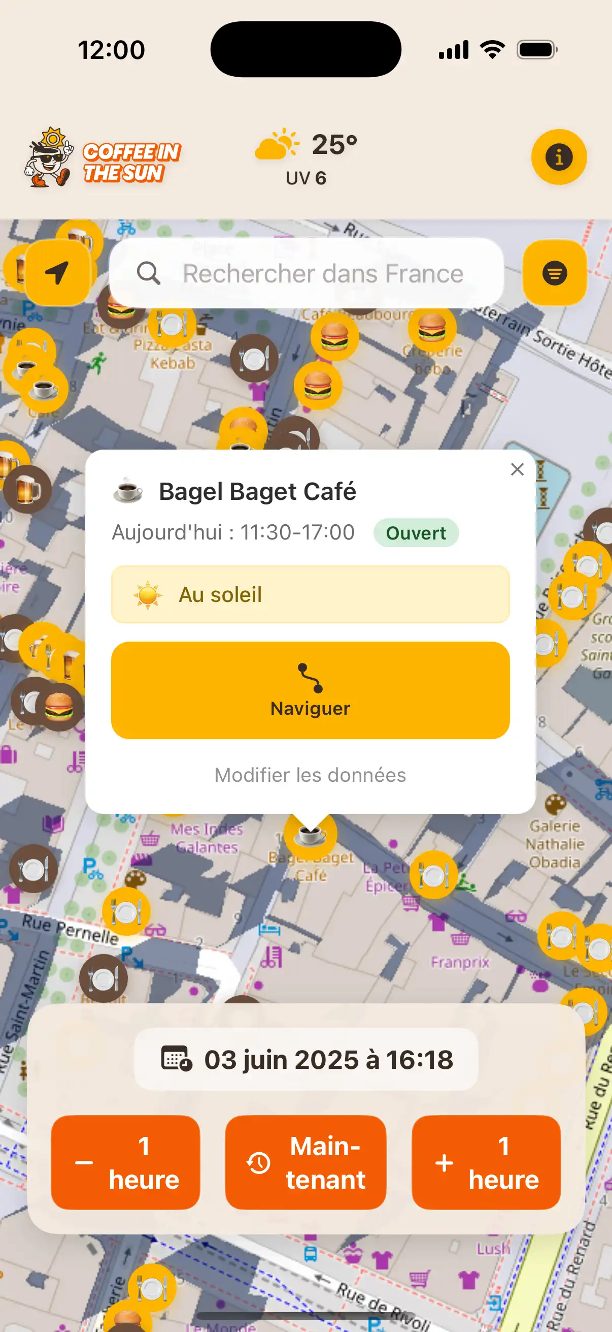 Coffee in the Sun app main map view showing restaurants and cafes with sun and shadow indicators
