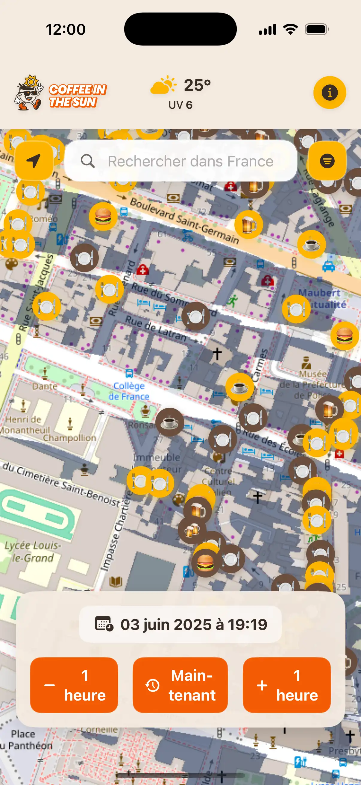 App location details screen showing restaurant information, address, and real-time sun exposure status