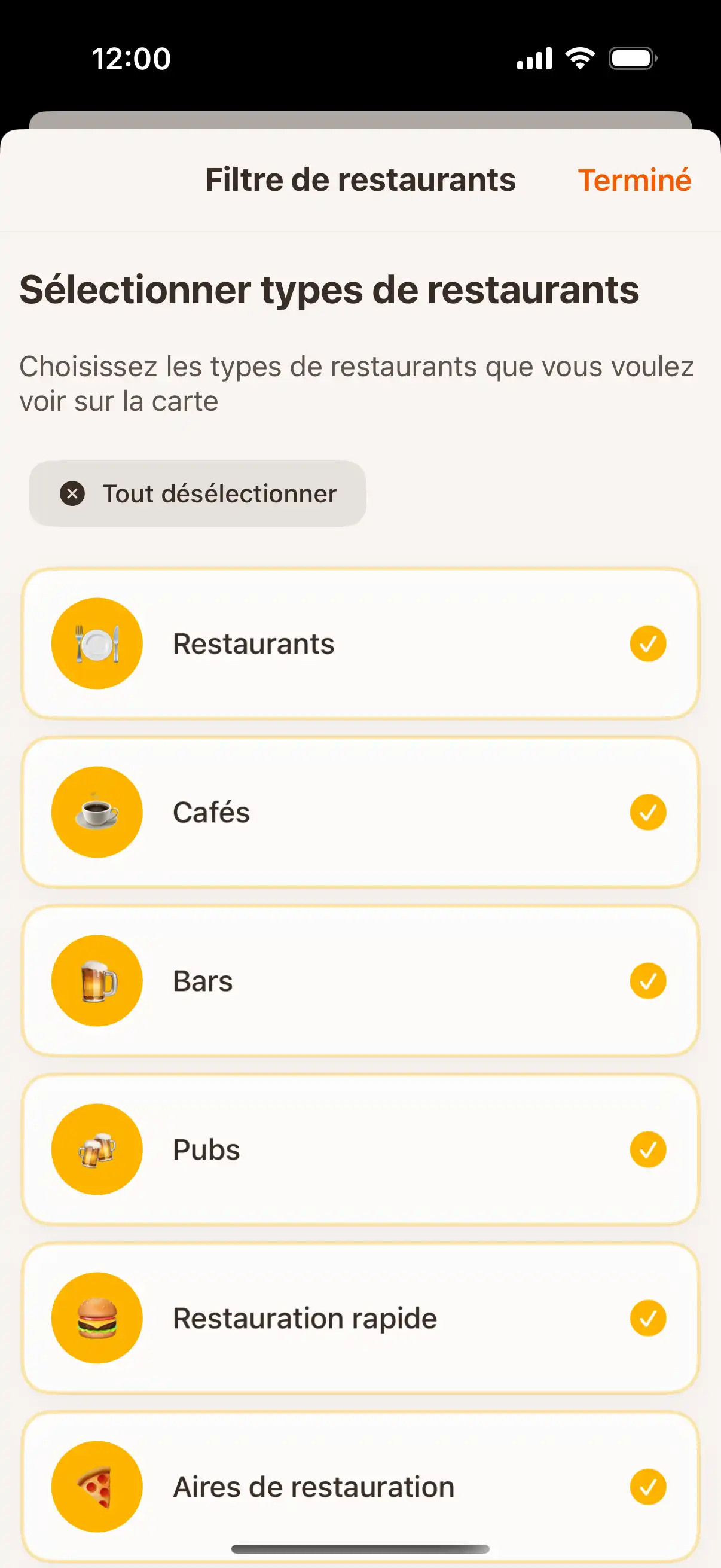 App filter screen showing different types of establishments - restaurants, cafes, bars, and ice cream parlors with selection options