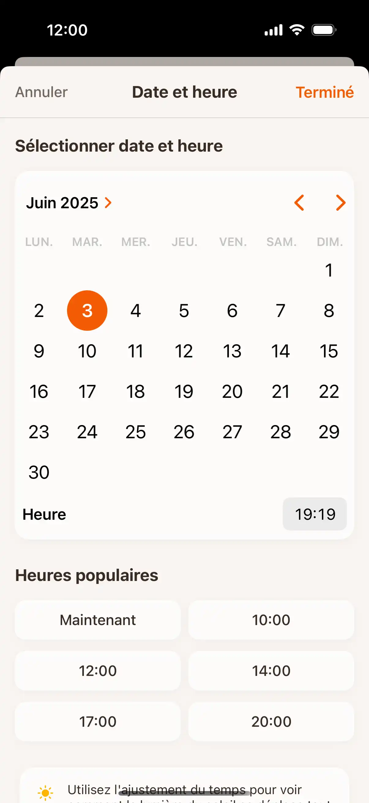 Time travel interface showing date and time picker to check sun position at future or past moments