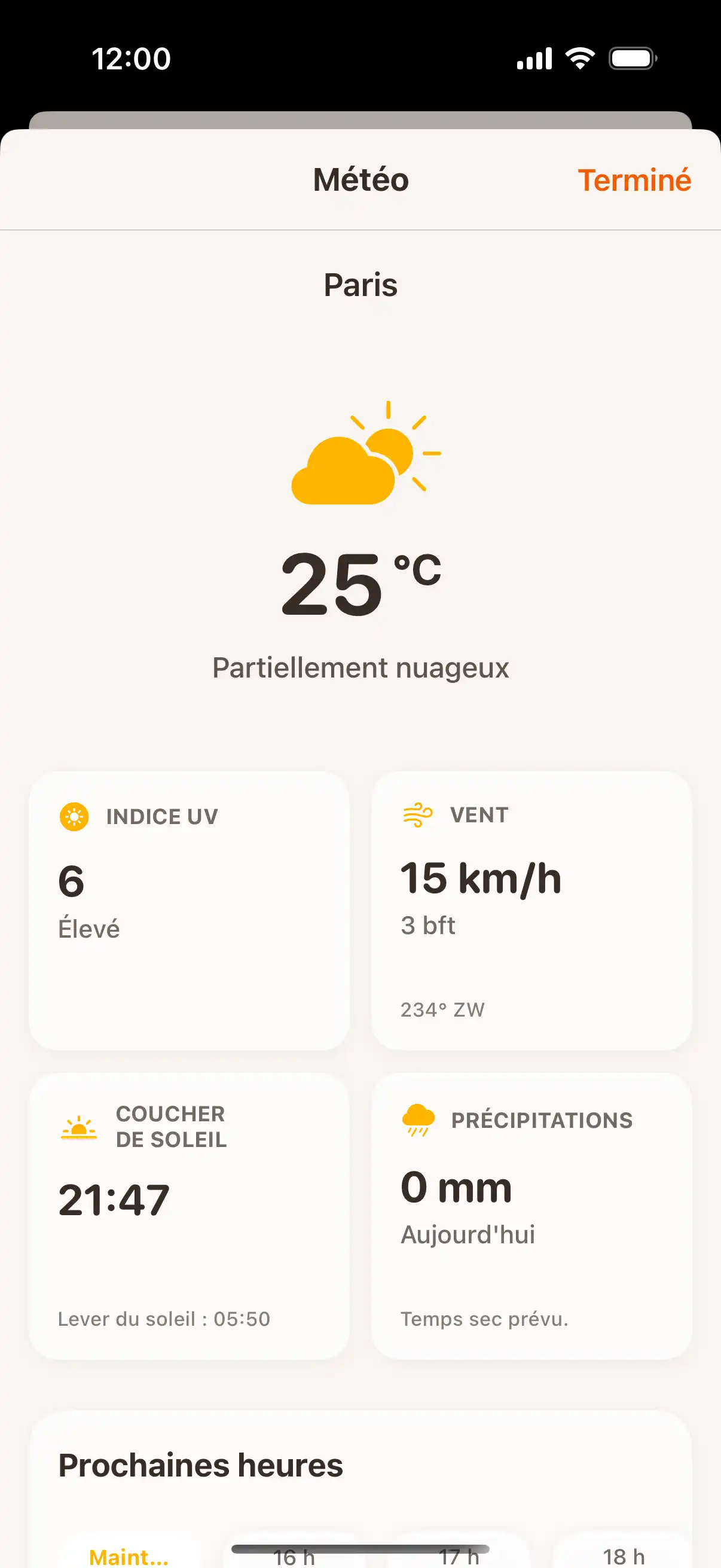 Weather forecast screen showing detailed hourly and daily weather predictions with temperature and precipitation data