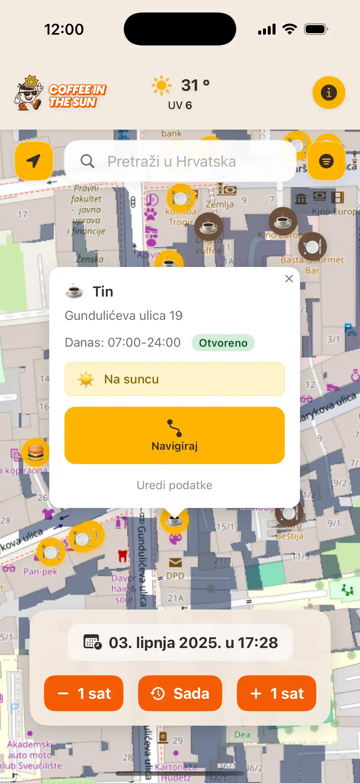Coffee in the Sun app main map view showing restaurants and cafes with sun and shadow indicators