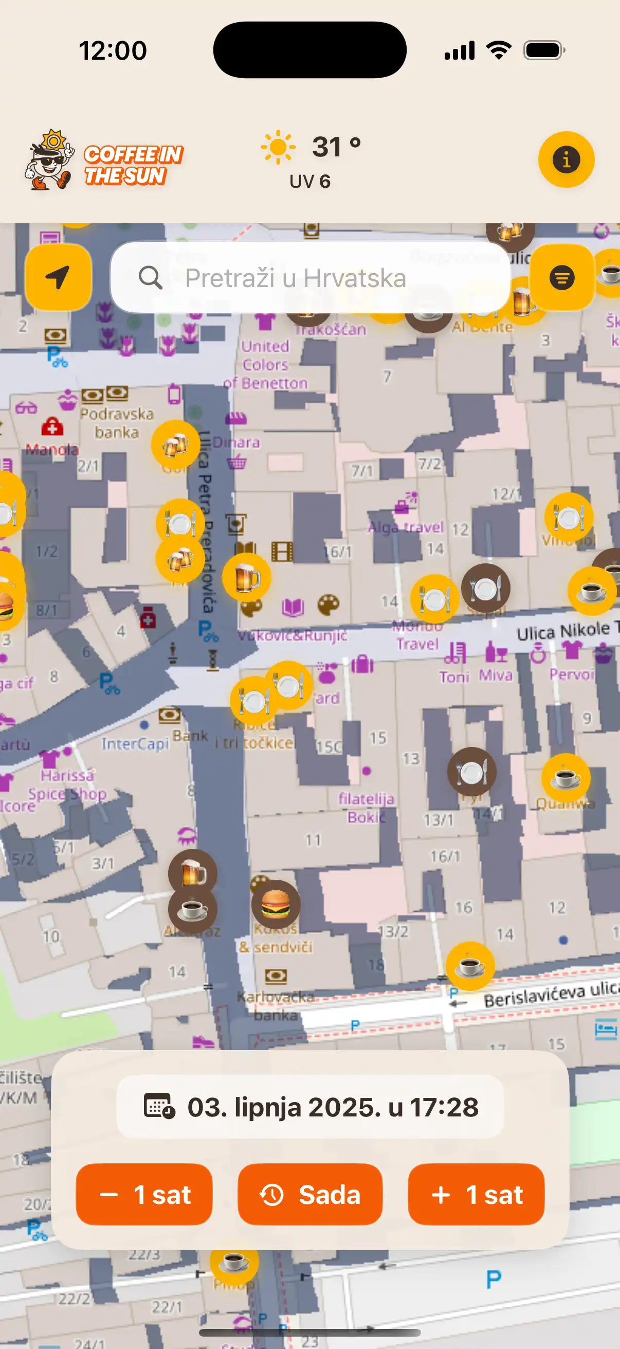 App location details screen showing restaurant information, address, and real-time sun exposure status
