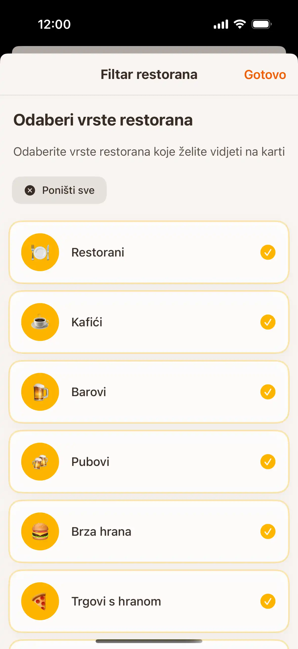 App filter screen showing different types of establishments - restaurants, cafes, bars, and ice cream parlors with selection options