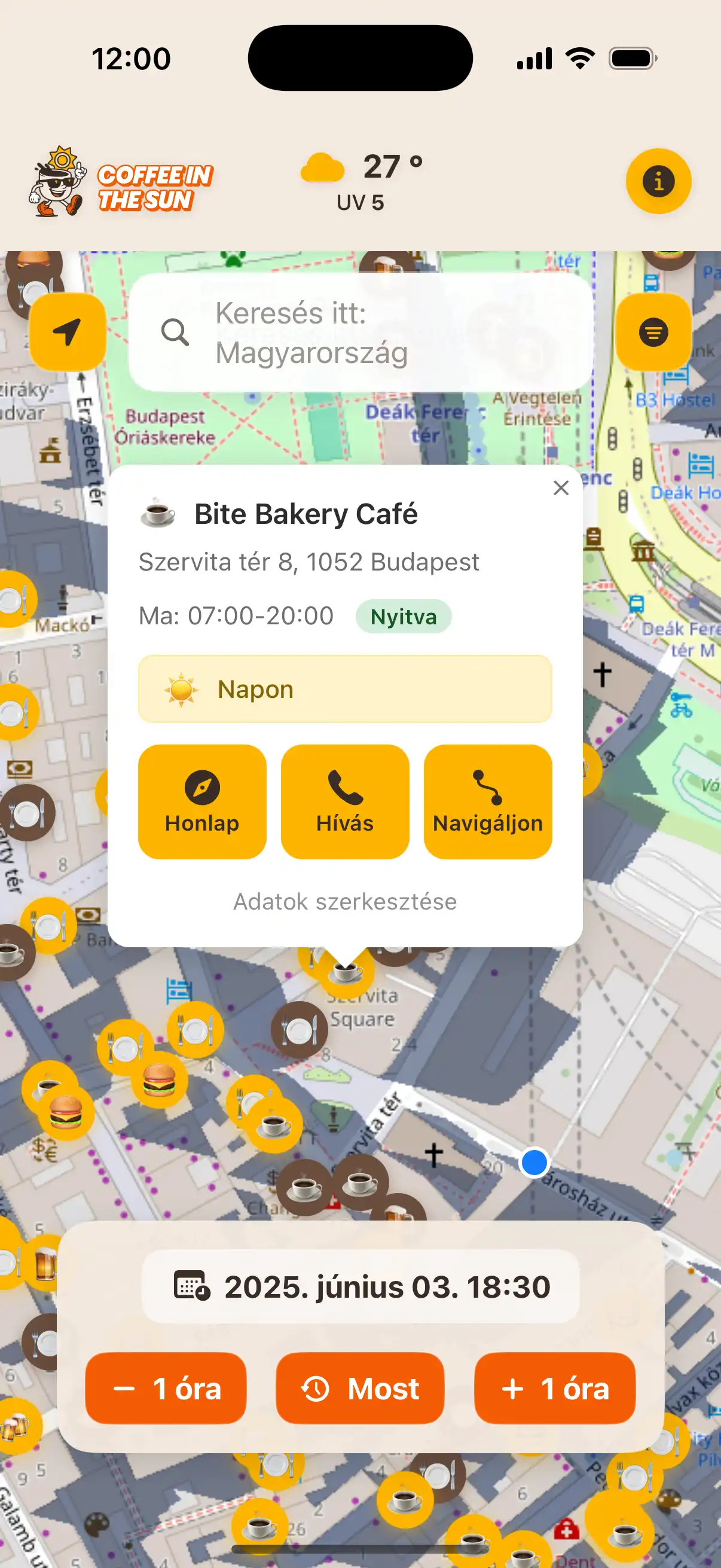 Coffee in the Sun app main map view showing restaurants and cafes with sun and shadow indicators