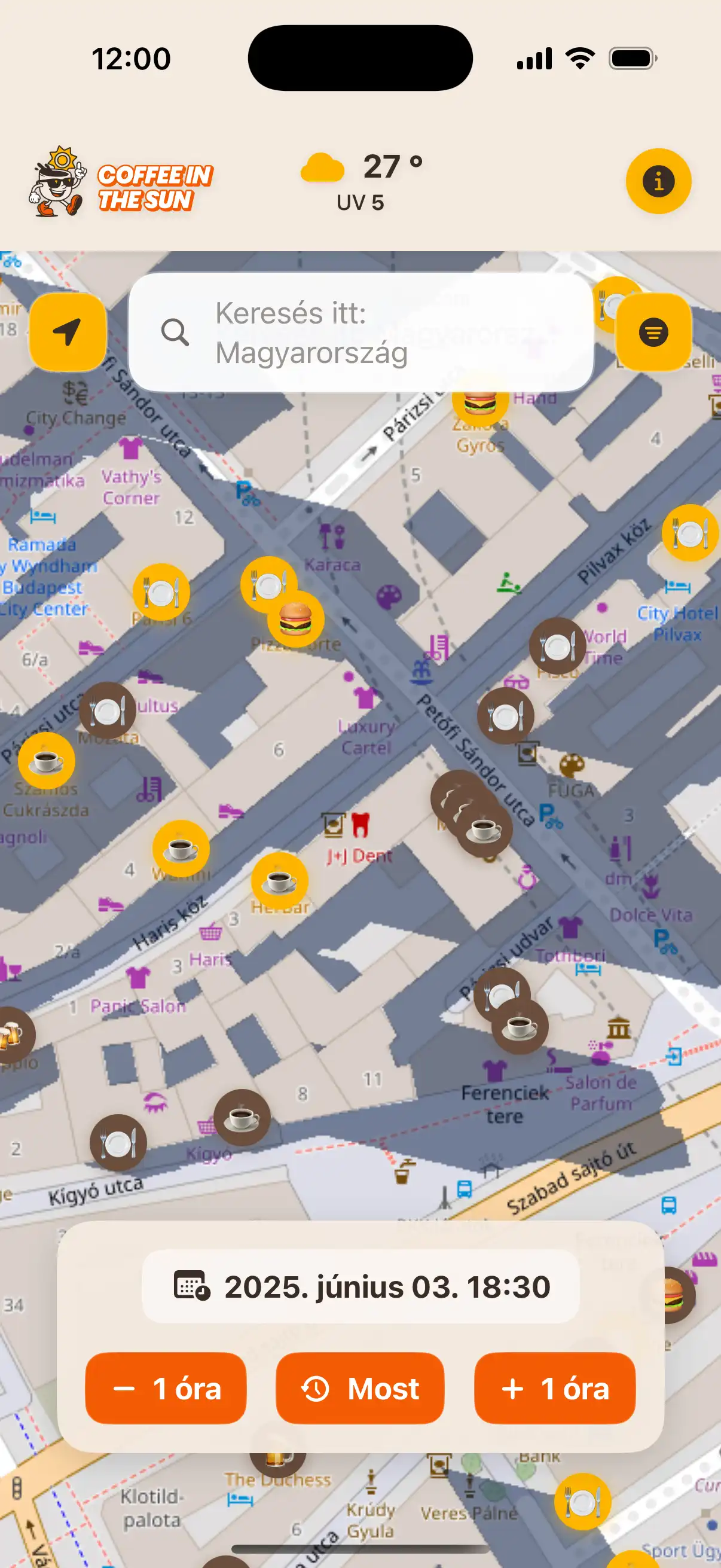 App location details screen showing restaurant information, address, and real-time sun exposure status