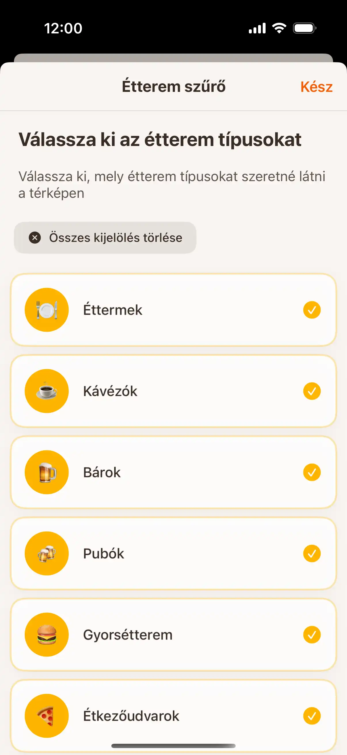 App filter screen showing different types of establishments - restaurants, cafes, bars, and ice cream parlors with selection options