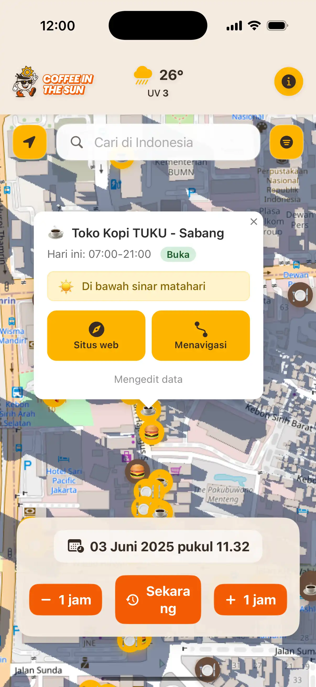 Coffee in the Sun app main map view showing restaurants and cafes with sun and shadow indicators