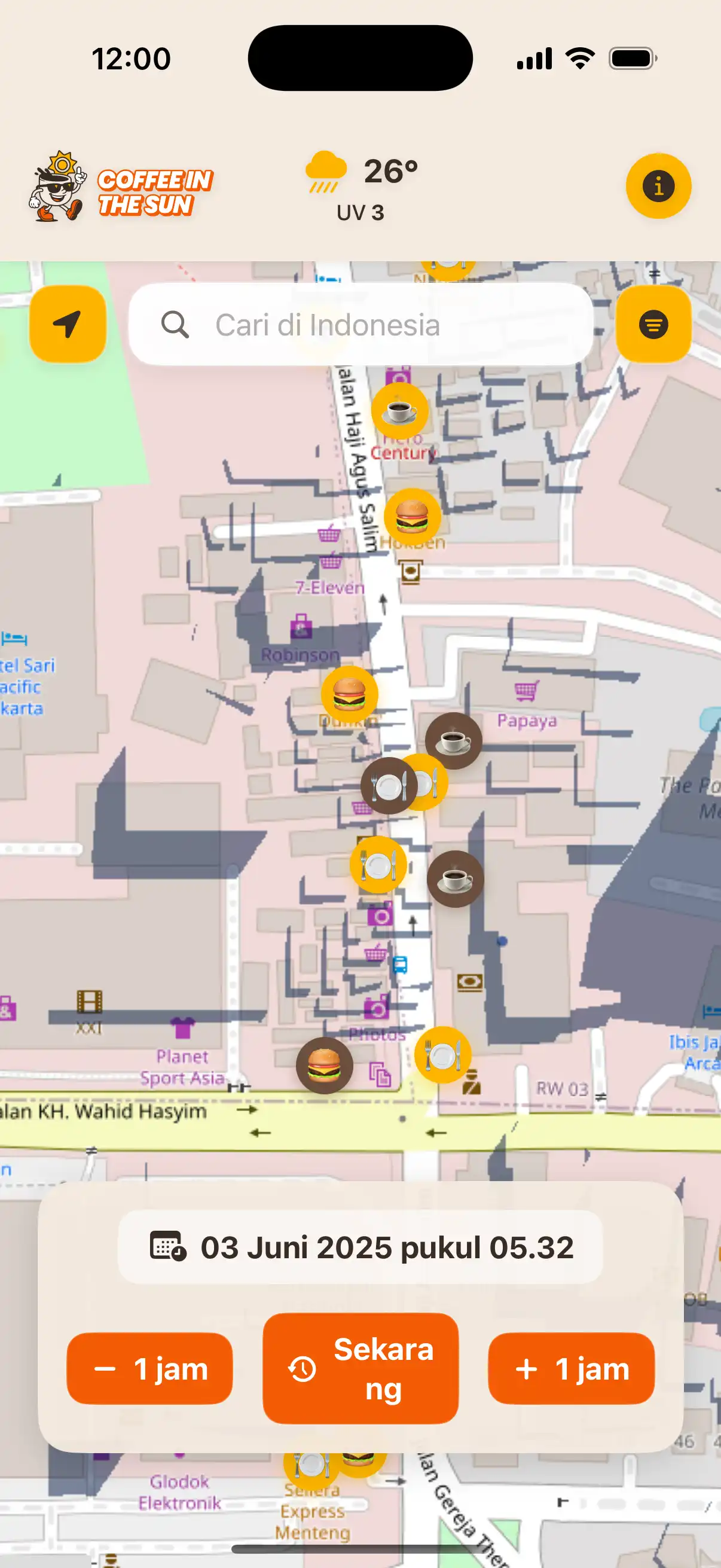 App location details screen showing restaurant information, address, and real-time sun exposure status