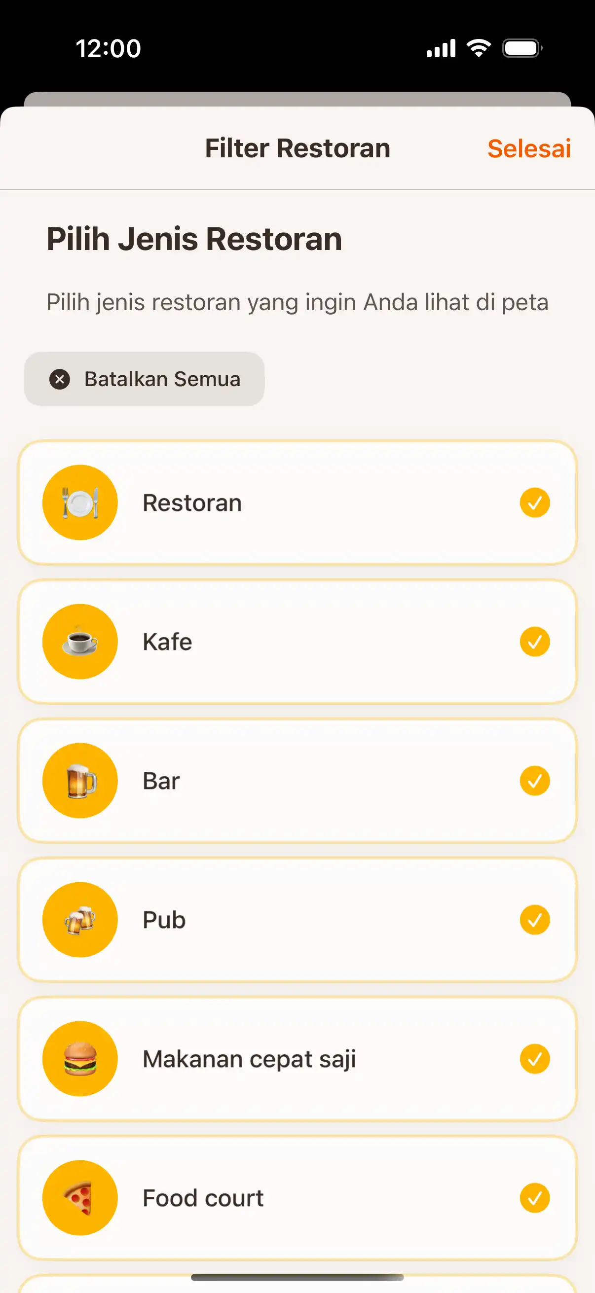 App filter screen showing different types of establishments - restaurants, cafes, bars, and ice cream parlors with selection options
