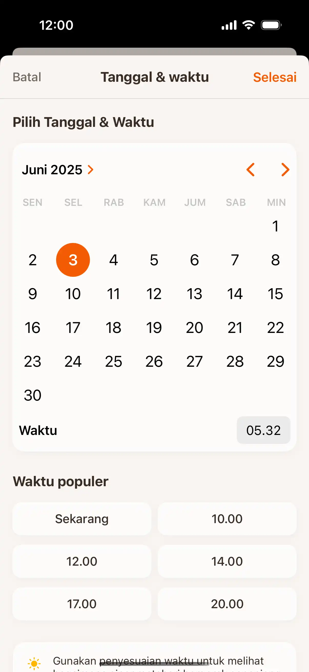 Time travel interface showing date and time picker to check sun position at future or past moments