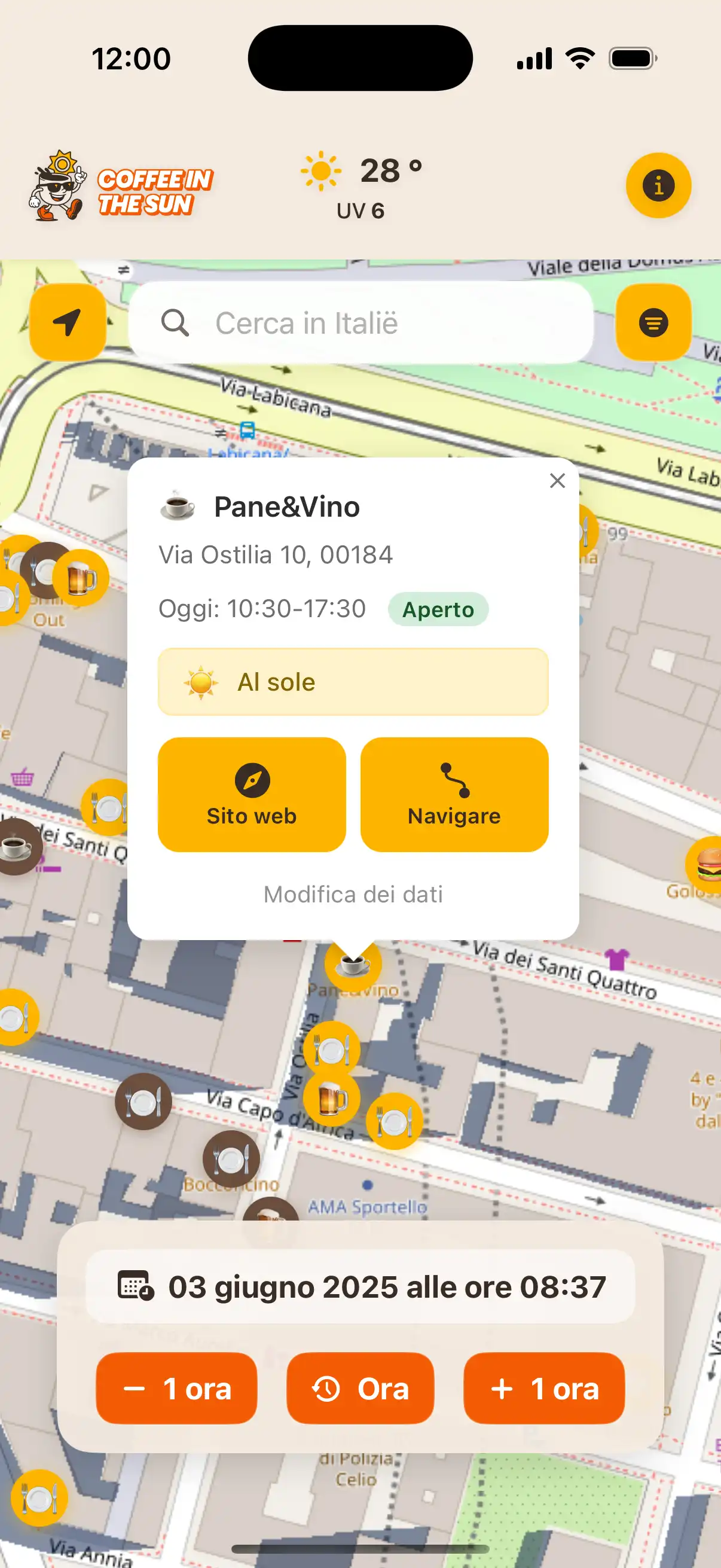 Coffee in the Sun app main map view showing restaurants and cafes with sun and shadow indicators