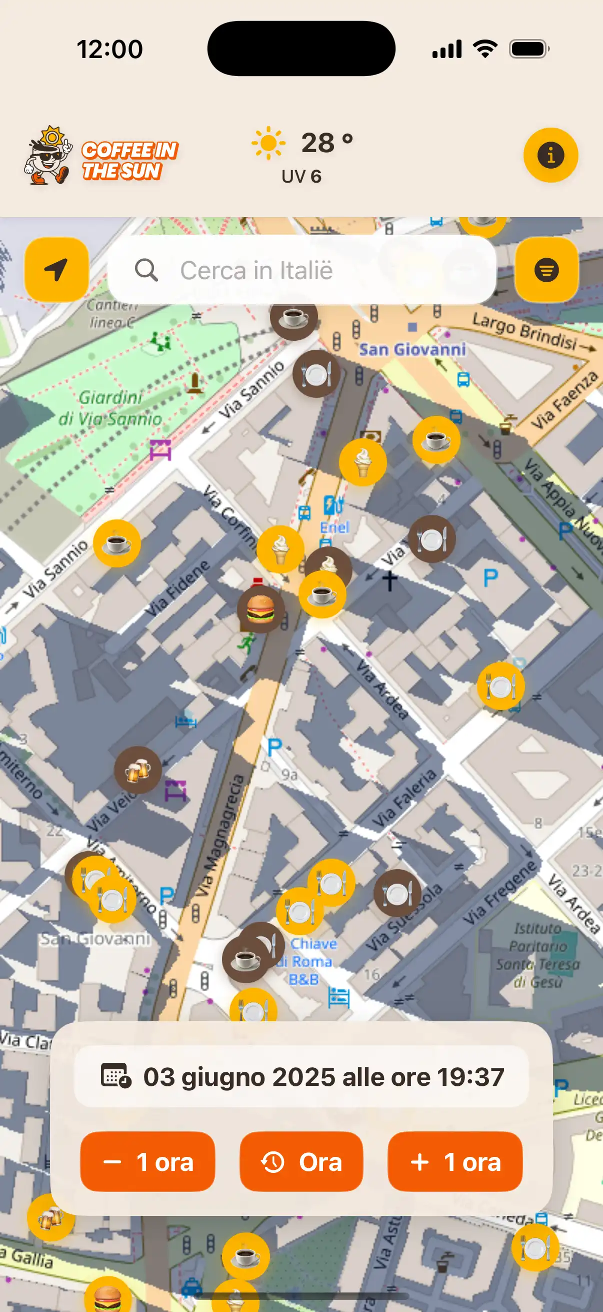 App location details screen showing restaurant information, address, and real-time sun exposure status