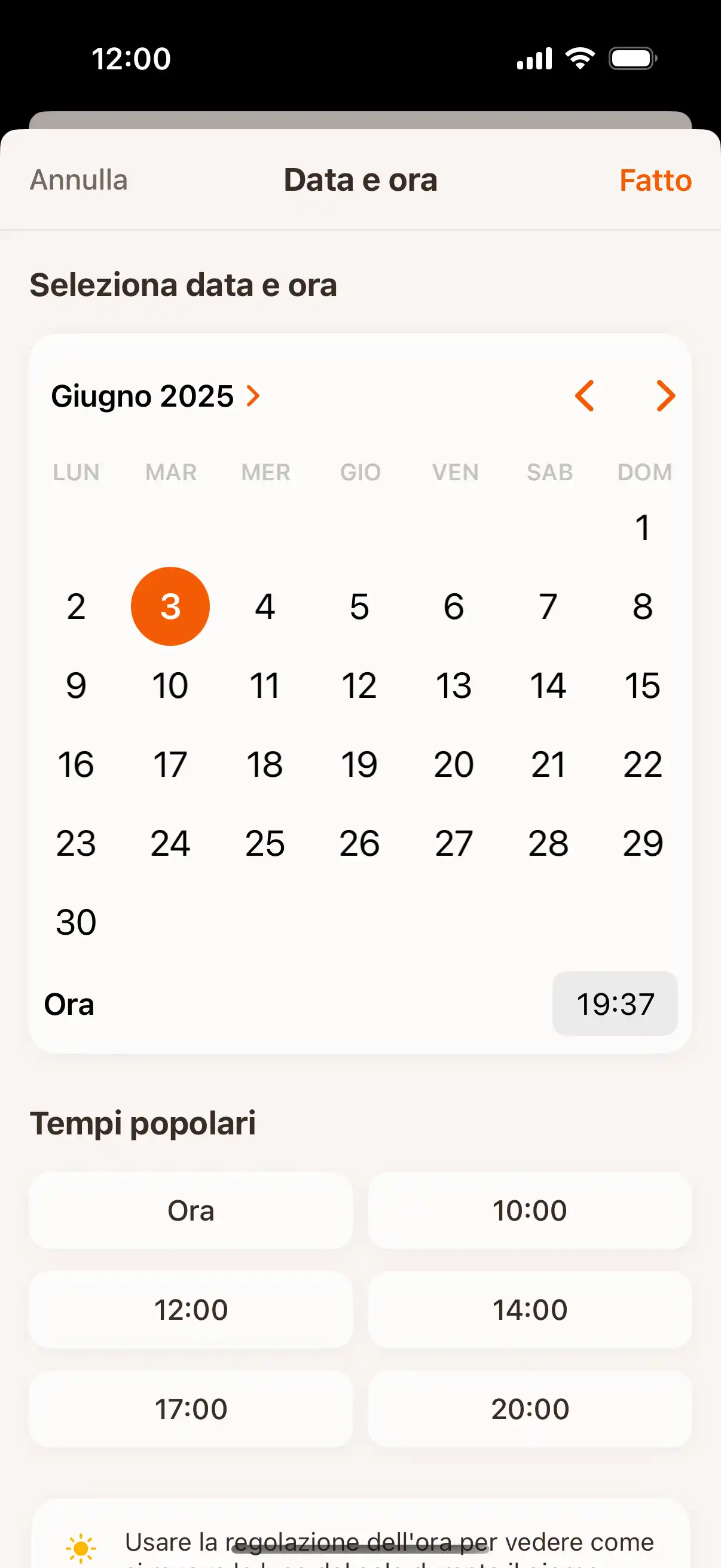 Time travel interface showing date and time picker to check sun position at future or past moments