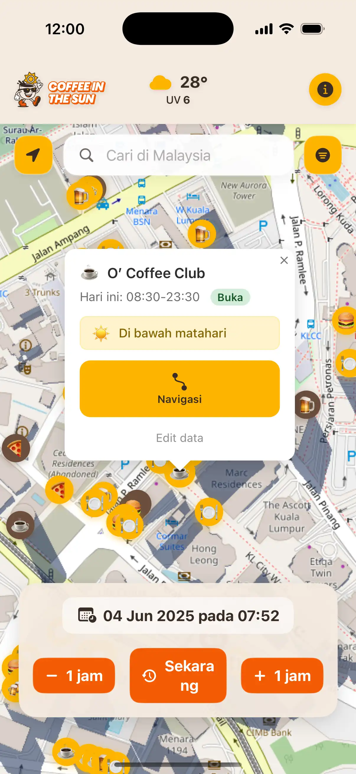 Coffee in the Sun app main map view showing restaurants and cafes with sun and shadow indicators