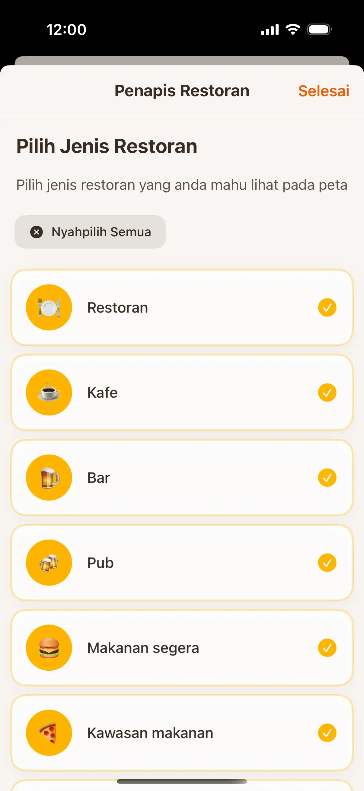 App filter screen showing different types of establishments - restaurants, cafes, bars, and ice cream parlors with selection options